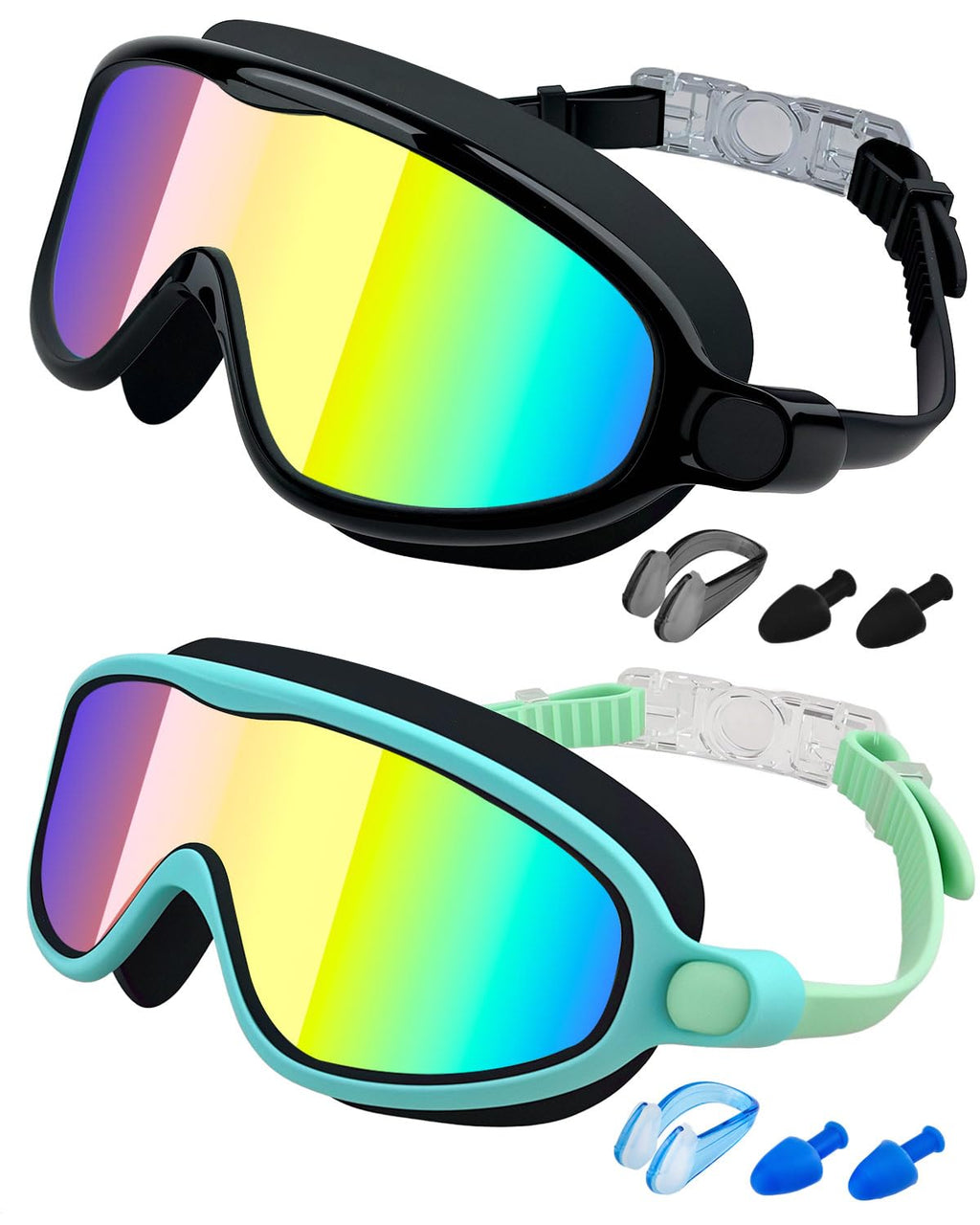 Swim Goggles 2 Pack, Wide View Anti Fog&UV Swimming Goggles for Audlt, No Leaking Swim Glasses for Men Women Kids