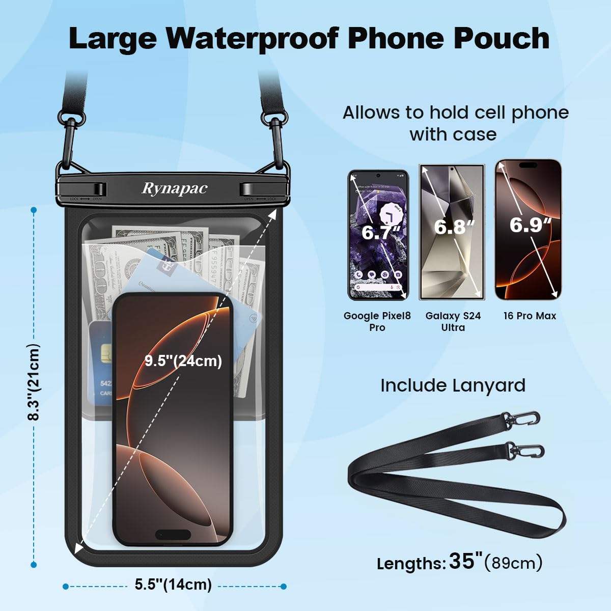 Rynapac Large Waterproof Phone Pouch [Up to 10"] - 2 Pack IPX8 Waterproof Phone Case for iPhone 17 16 15 Pro Max Galaxy S26 Ultra, Touchscreen & Underwater Photography, Beach Cruise Essentials 2026