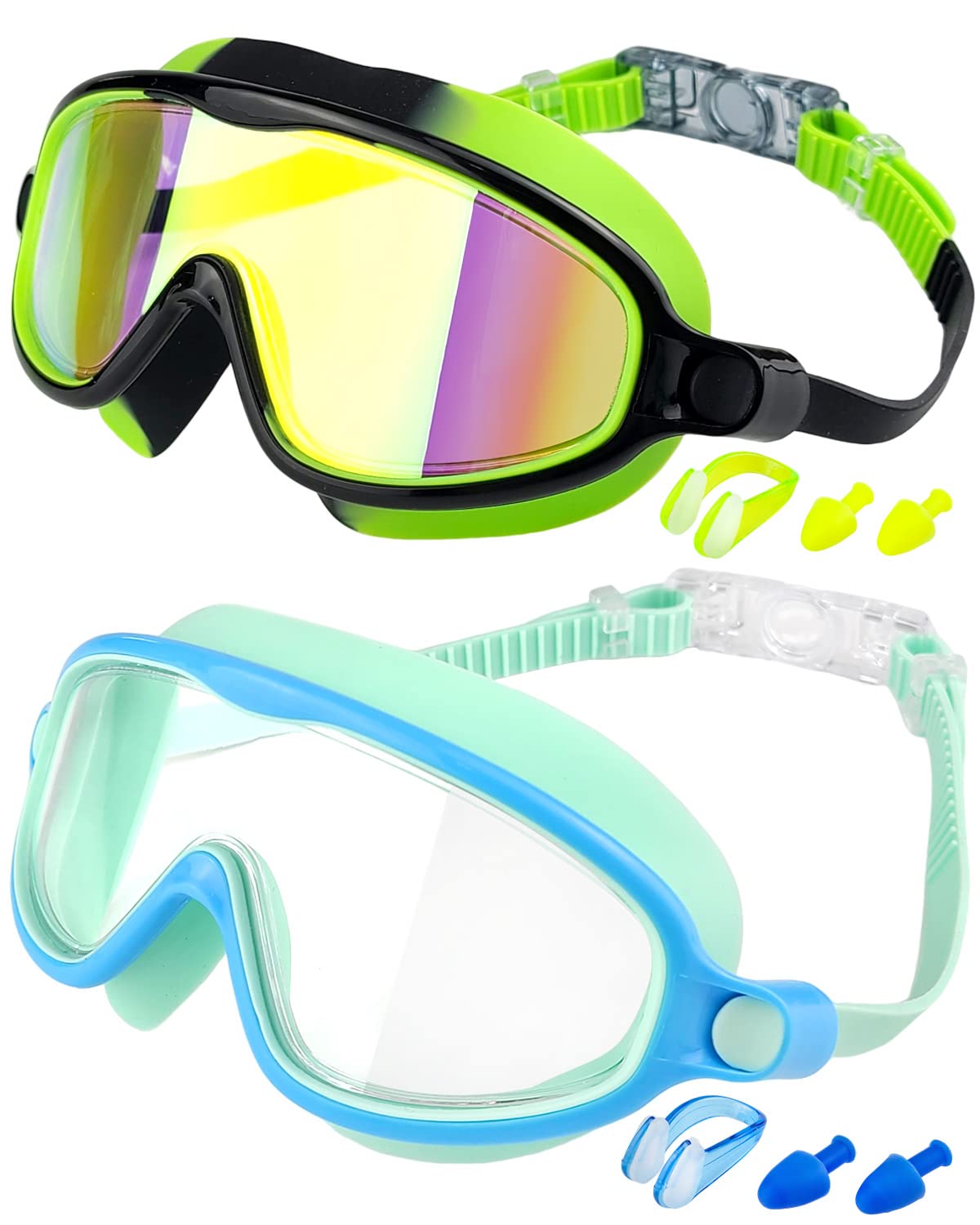 Swim Goggles 2 Pack, Wide View Anti Fog&UV Swimming Goggles for Audlt, No Leaking Swim Glasses for Men Women Kids