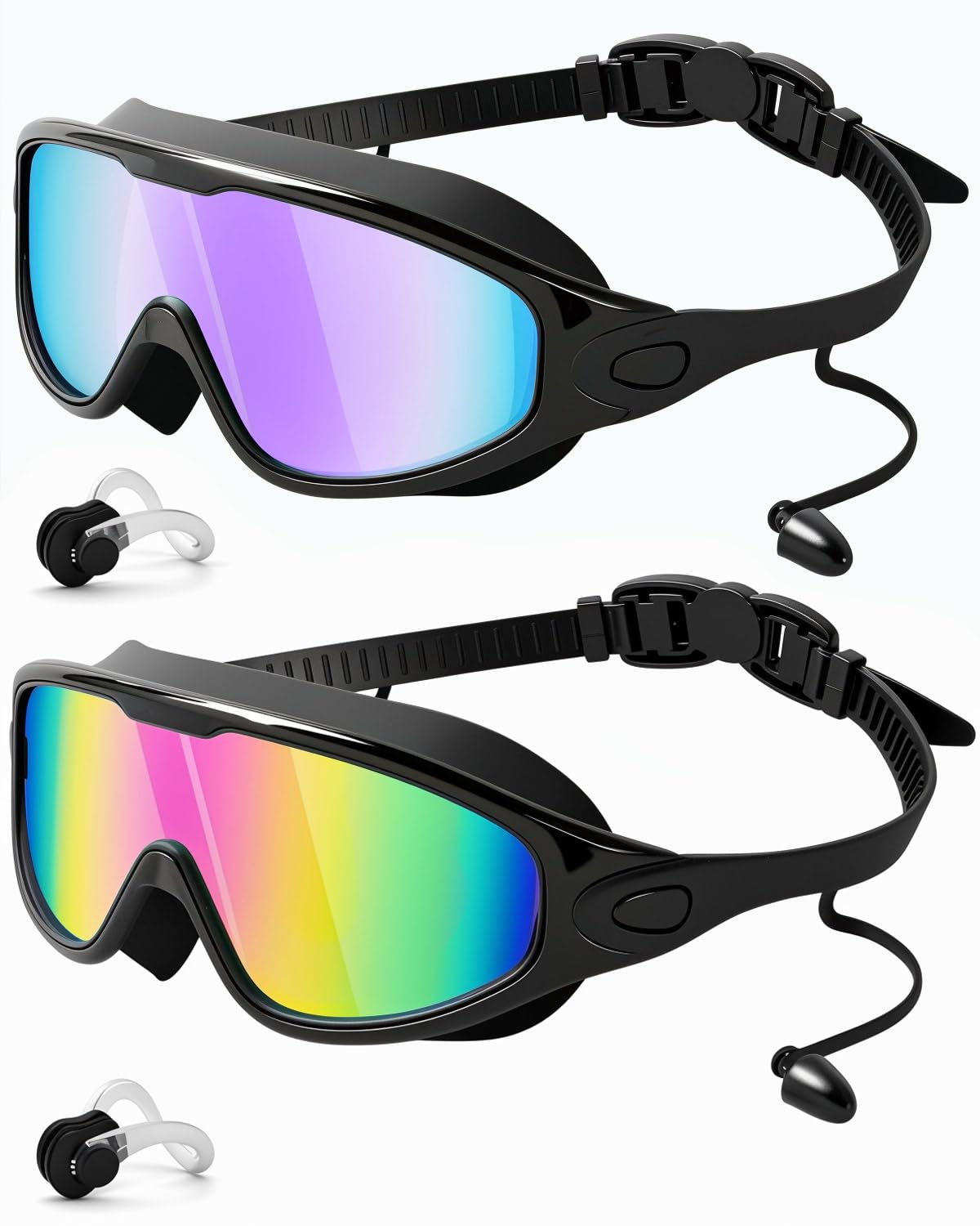 Swim Goggles 2 Pack, Wide View Anti Fog&UV Swimming Goggles for Audlt, No Leaking Swim Glasses for Men Women Kids