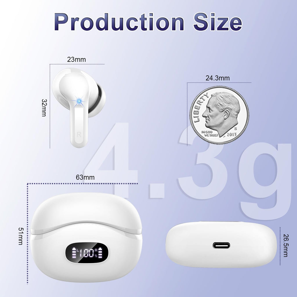 Wireless Earbuds, 48Hrs 2026 Bluetooth Headphones, Hi-Fi Stereo Deep Bass Ear Buds, ENC Noise Cancelling Mic, Clear Calls, IP-X7 Waterproof, USB Sport Earphones in Ear for Phones Laptop Pad, Black