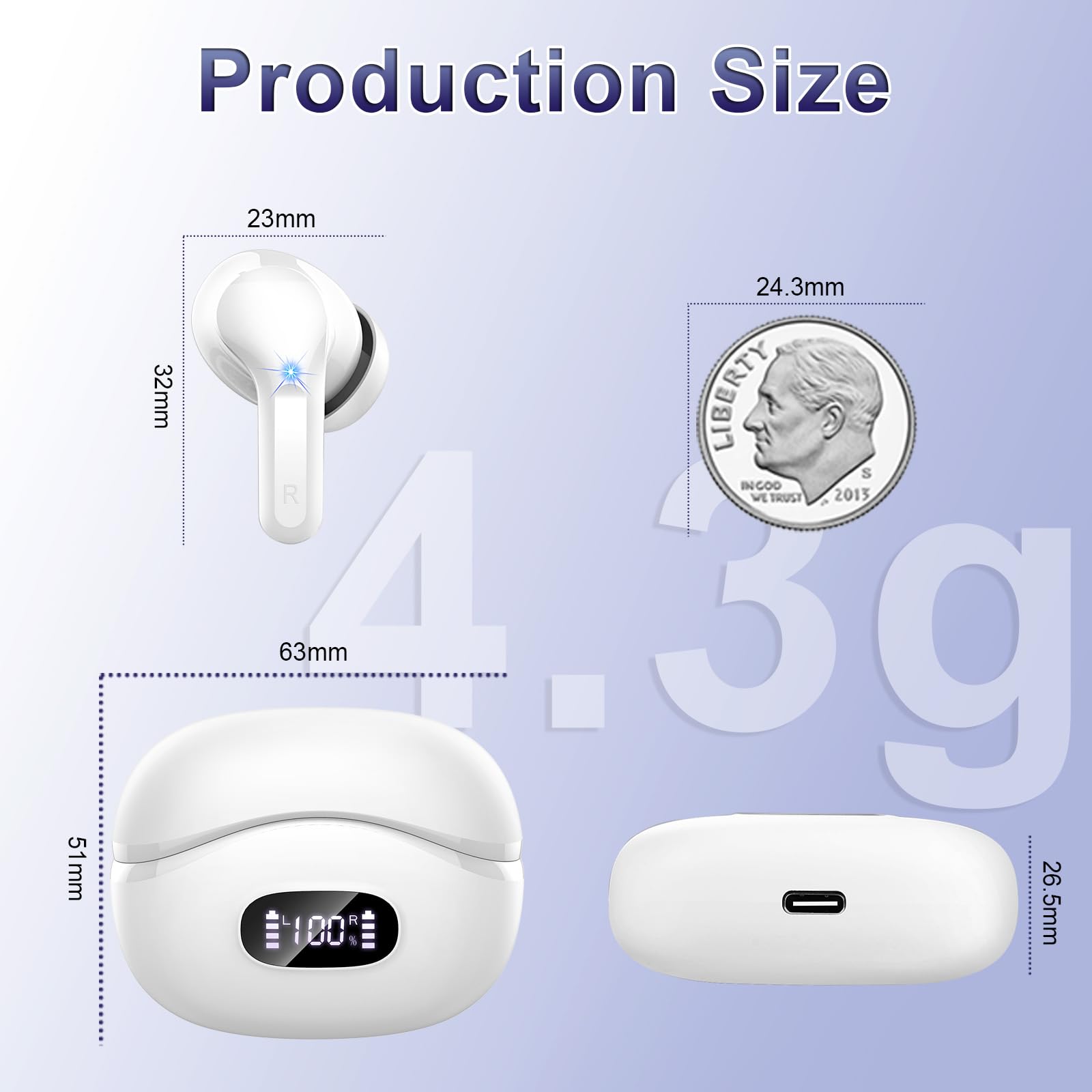 Wireless Earbuds, 48Hrs 2026 Bluetooth Headphones, Hi-Fi Stereo Deep Bass Ear Buds, ENC Noise Cancelling Mic, Clear Calls, IP-X7 Waterproof, USB Sport Earphones in Ear for Phones Laptop Pad, Black
