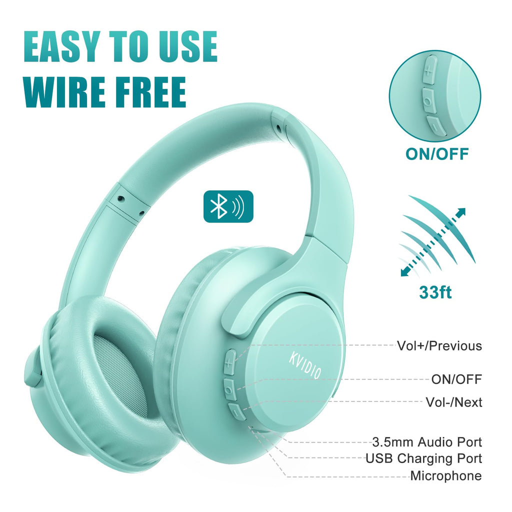 KVIDIO Bluetooth Headphones Over Ear, 65 Hours Playtime Wireless Headphones with Microphone, Foldable Lightweight Headset with Deep Bass, HiFi Stereo Sound Low Latency for Travel Work Cellphone