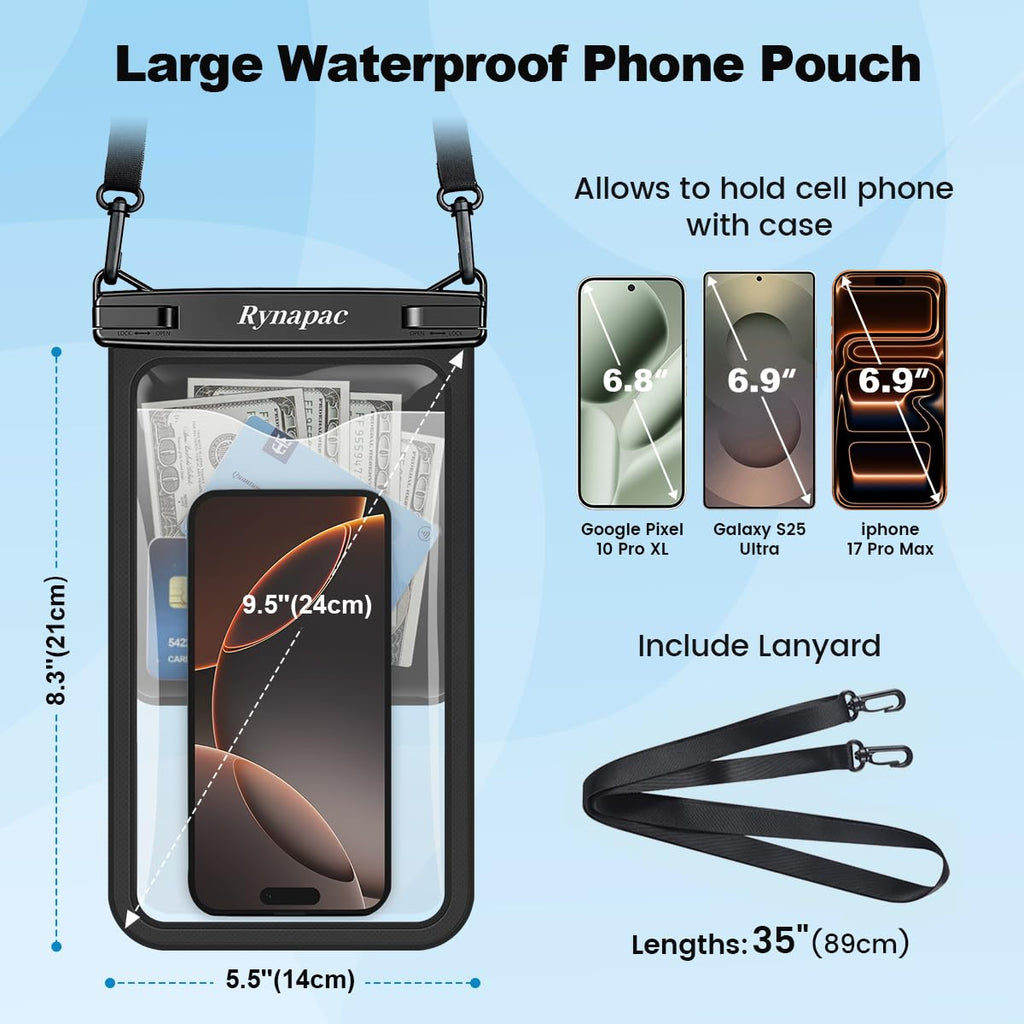 Rynapac Large Waterproof Phone Pouch [Up to 10"] - 2 Pack IPX8 Waterproof Phone Case for iPhone 17 16 15 Pro Max Galaxy S26 Ultra, Touchscreen & Underwater Photography, Beach Cruise Essentials 2026