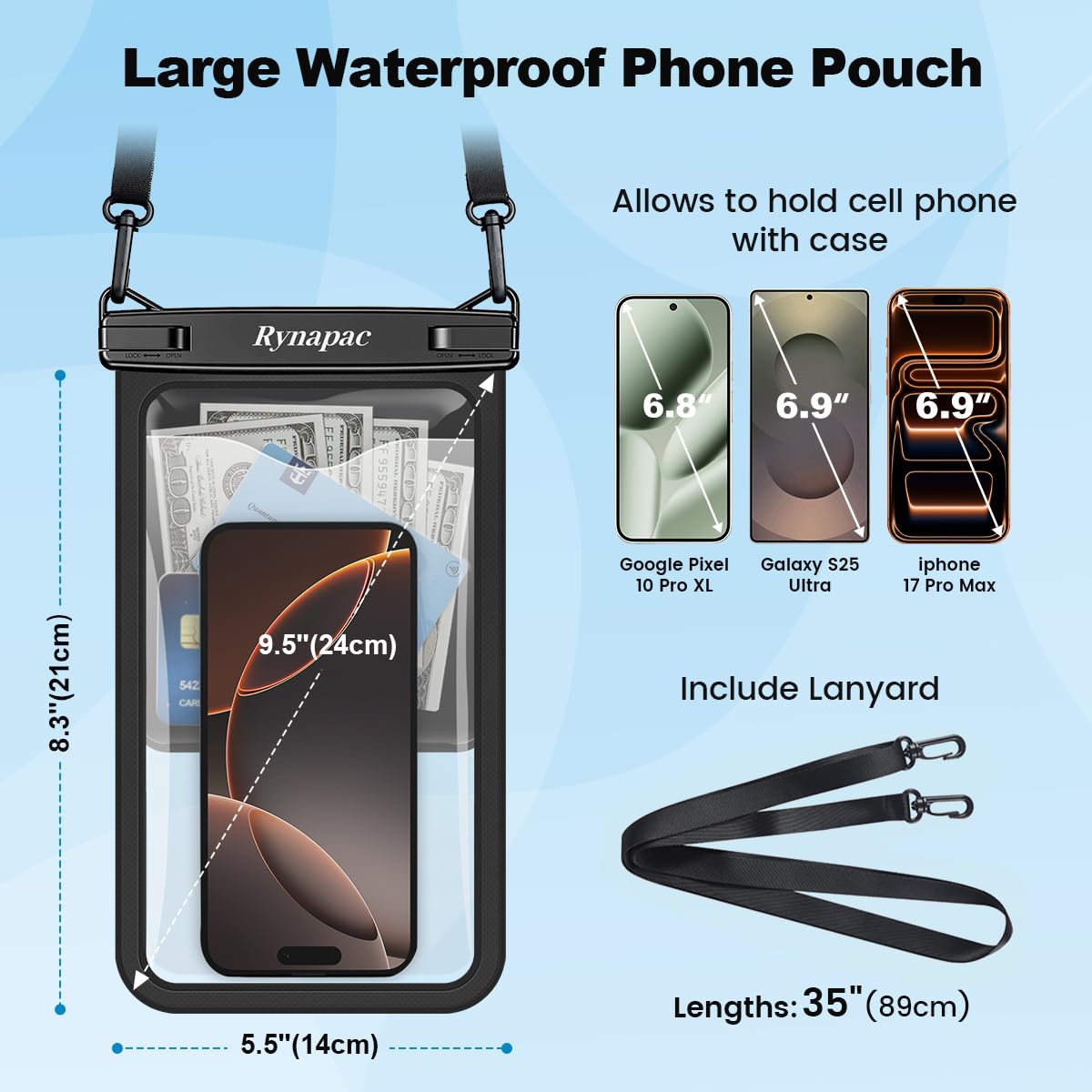 Rynapac Large Waterproof Phone Pouch [Up to 10"] - 2 Pack IPX8 Waterproof Phone Case for iPhone 17 16 15 Pro Max Galaxy S26 Ultra, Touchscreen & Underwater Photography, Beach Cruise Essentials 2026