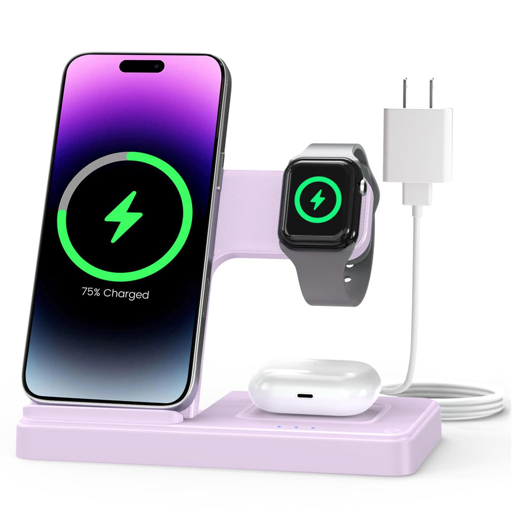 Wireless Charger iPhone Charging Station: 3 in 1 Charger Stand Multiple Devices for Apple - iPhone 17 16e 16 15 14 Pro Max 13 12 11 - Watch 11 10 9 8 7 6 5 4 3 2 SE and Ultra Series - Airpods 4 3 Pro