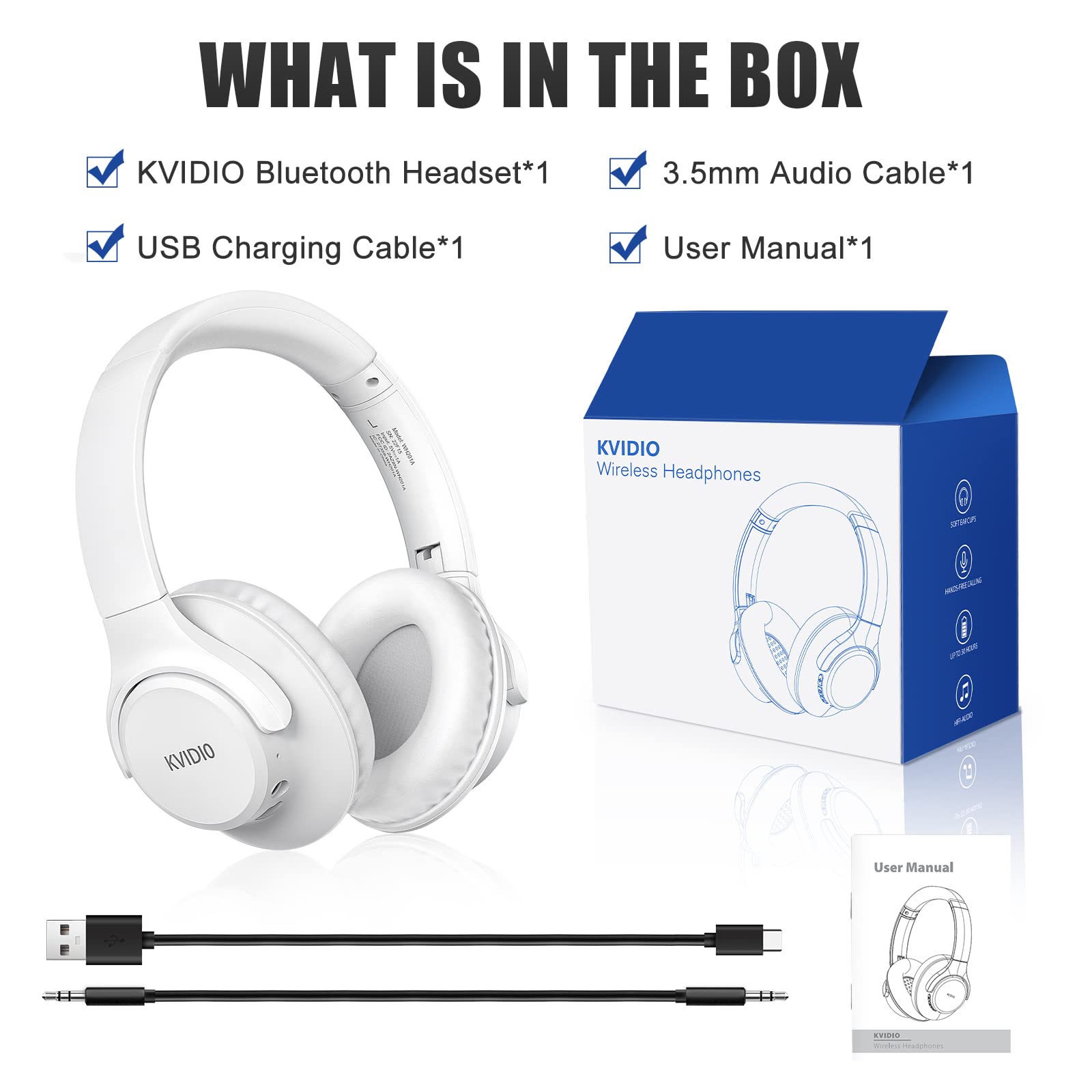 KVIDIO Bluetooth Headphones Over Ear, 65 Hours Playtime Wireless Headphones with Microphone, Foldable Lightweight Headset with Deep Bass, HiFi Stereo Sound Low Latency for Travel Work Cellphone
