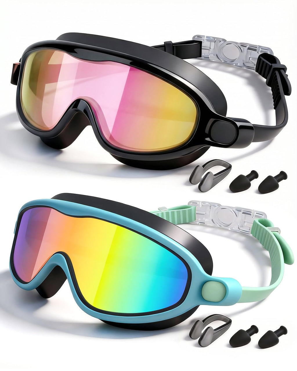 Swim Goggles 2 Pack, Wide View Anti Fog&UV Swimming Goggles for Audlt, No Leaking Swim Glasses for Men Women Kids