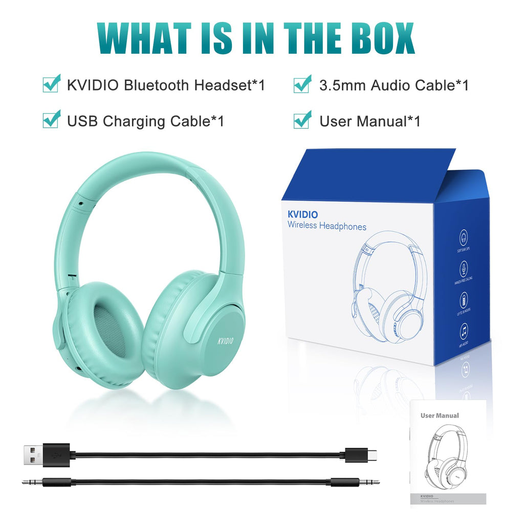 KVIDIO Bluetooth Headphones Over Ear, 65 Hours Playtime Wireless Headphones with Microphone, Foldable Lightweight Headset with Deep Bass, HiFi Stereo Sound Low Latency for Travel Work Cellphone