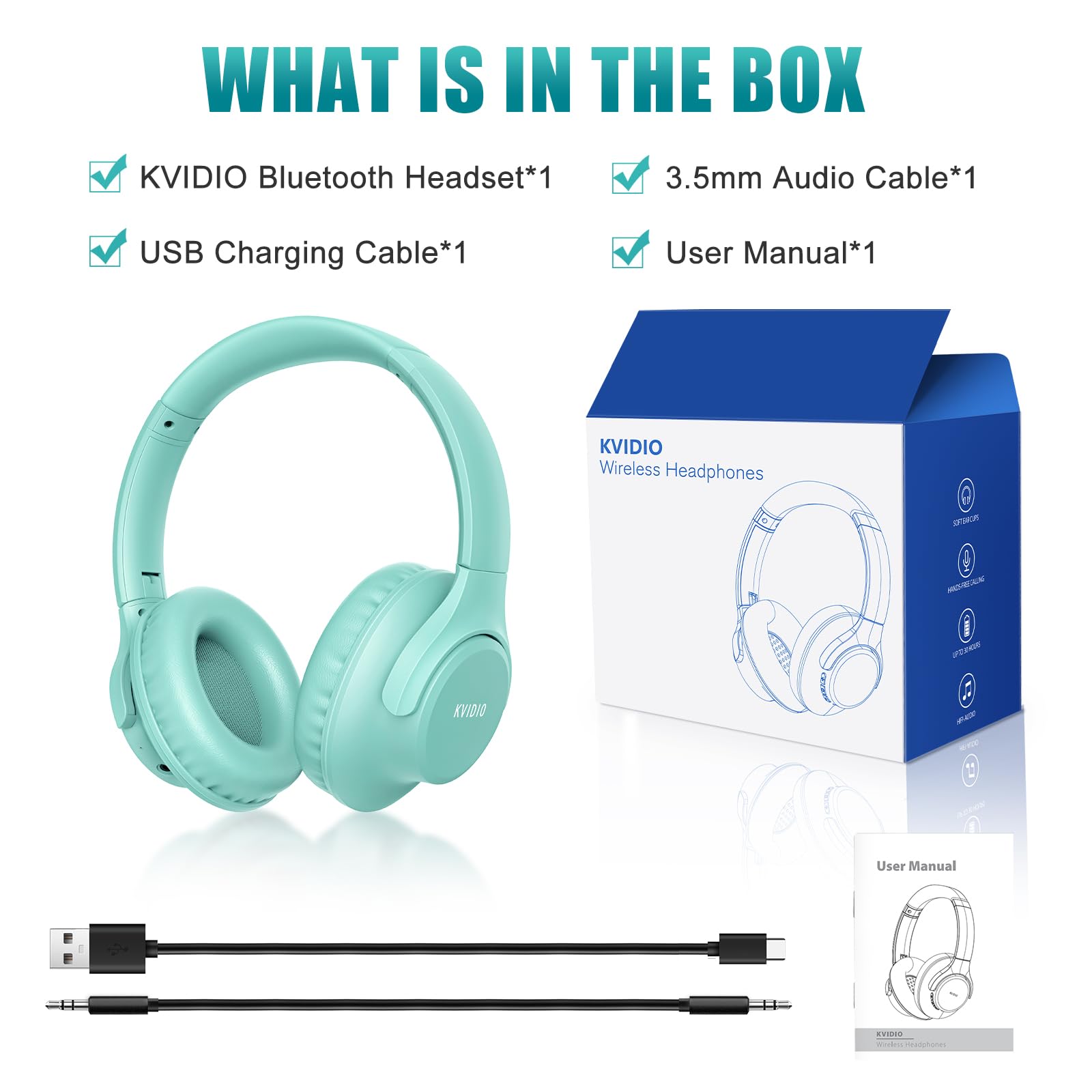 KVIDIO Bluetooth Headphones Over Ear, 65 Hours Playtime Wireless Headphones with Microphone, Foldable Lightweight Headset with Deep Bass, HiFi Stereo Sound Low Latency for Travel Work Cellphone