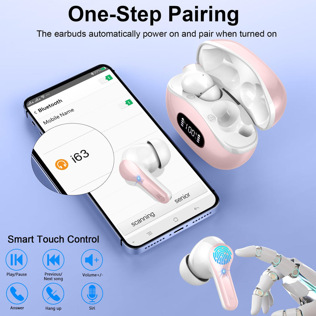 Wireless Earbuds, 48Hrs 2026 Bluetooth Headphones, Hi-Fi Stereo Deep Bass Ear Buds, ENC Noise Cancelling Mic, Clear Calls, IP-X7 Waterproof, USB Sport Earphones in Ear for Phones Laptop Pad, Black