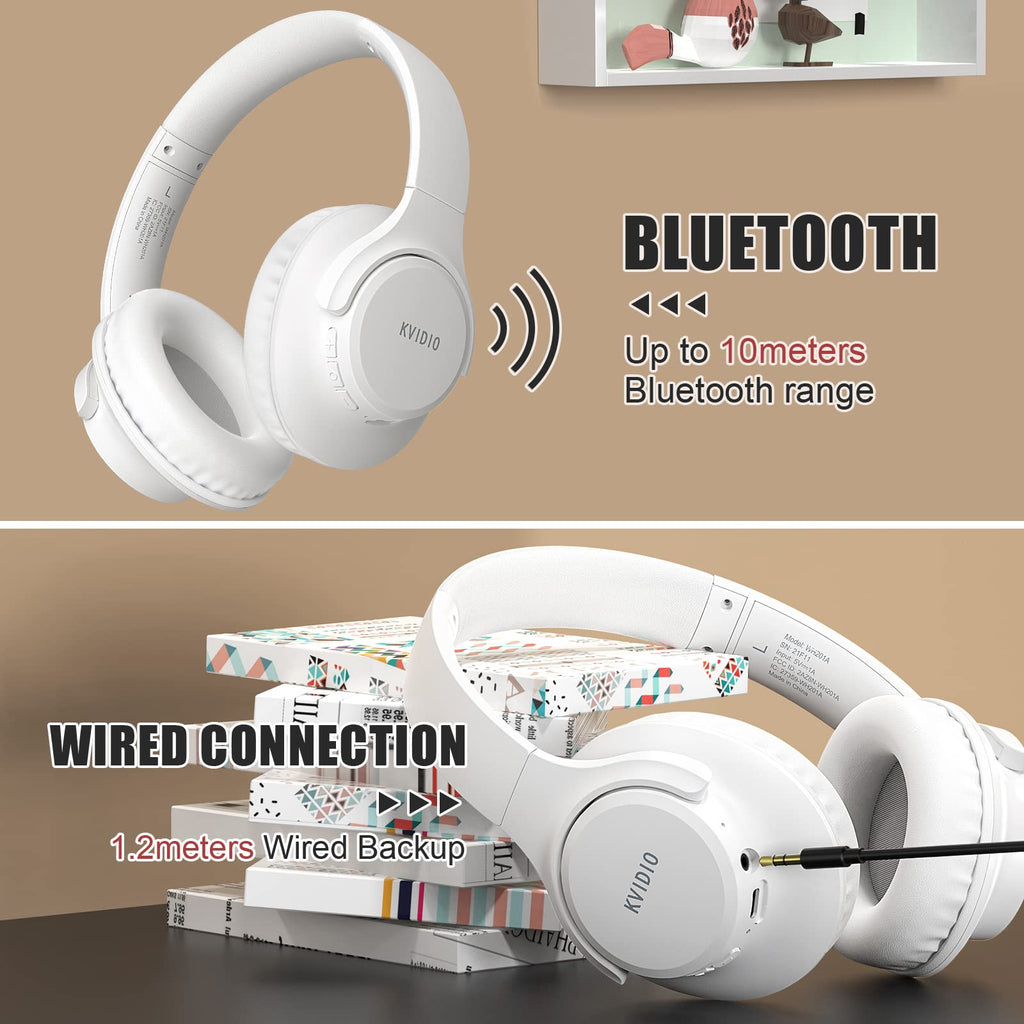 KVIDIO Bluetooth Headphones Over Ear, 65 Hours Playtime Wireless Headphones with Microphone, Foldable Lightweight Headset with Deep Bass, HiFi Stereo Sound Low Latency for Travel Work Cellphone