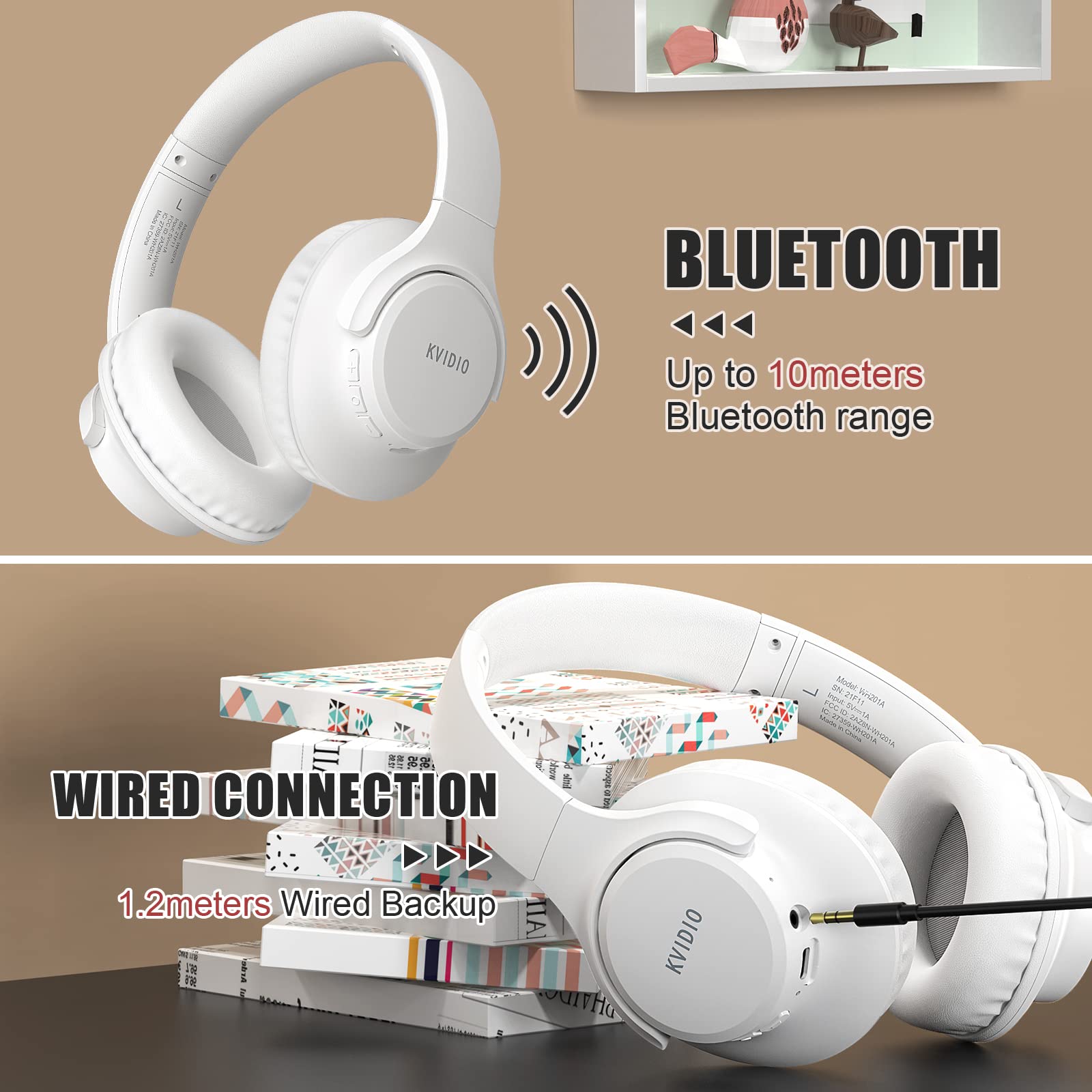 KVIDIO Bluetooth Headphones Over Ear, 65 Hours Playtime Wireless Headphones with Microphone, Foldable Lightweight Headset with Deep Bass, HiFi Stereo Sound Low Latency for Travel Work Cellphone