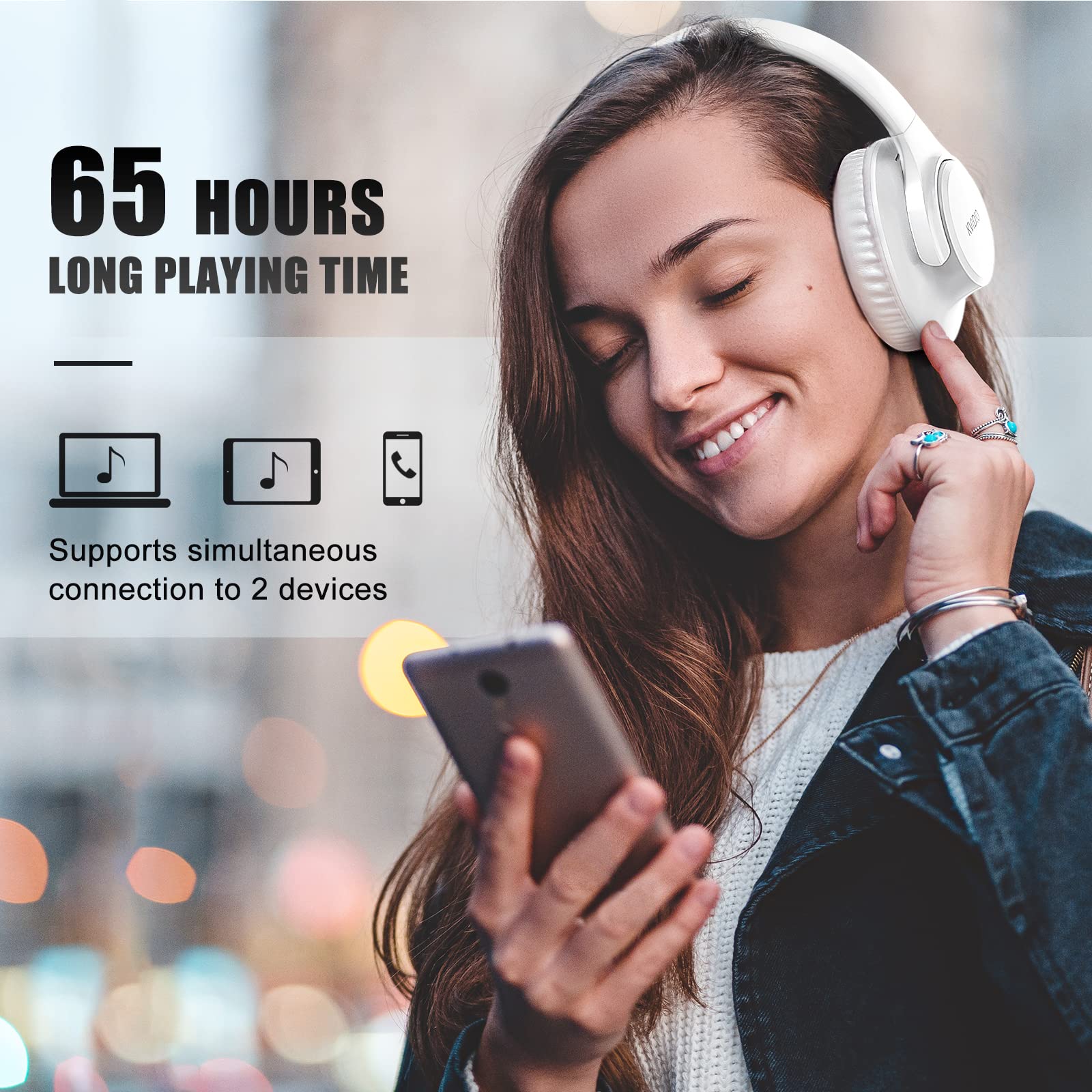 KVIDIO Bluetooth Headphones Over Ear, 65 Hours Playtime Wireless Headphones with Microphone, Foldable Lightweight Headset with Deep Bass, HiFi Stereo Sound Low Latency for Travel Work Cellphone