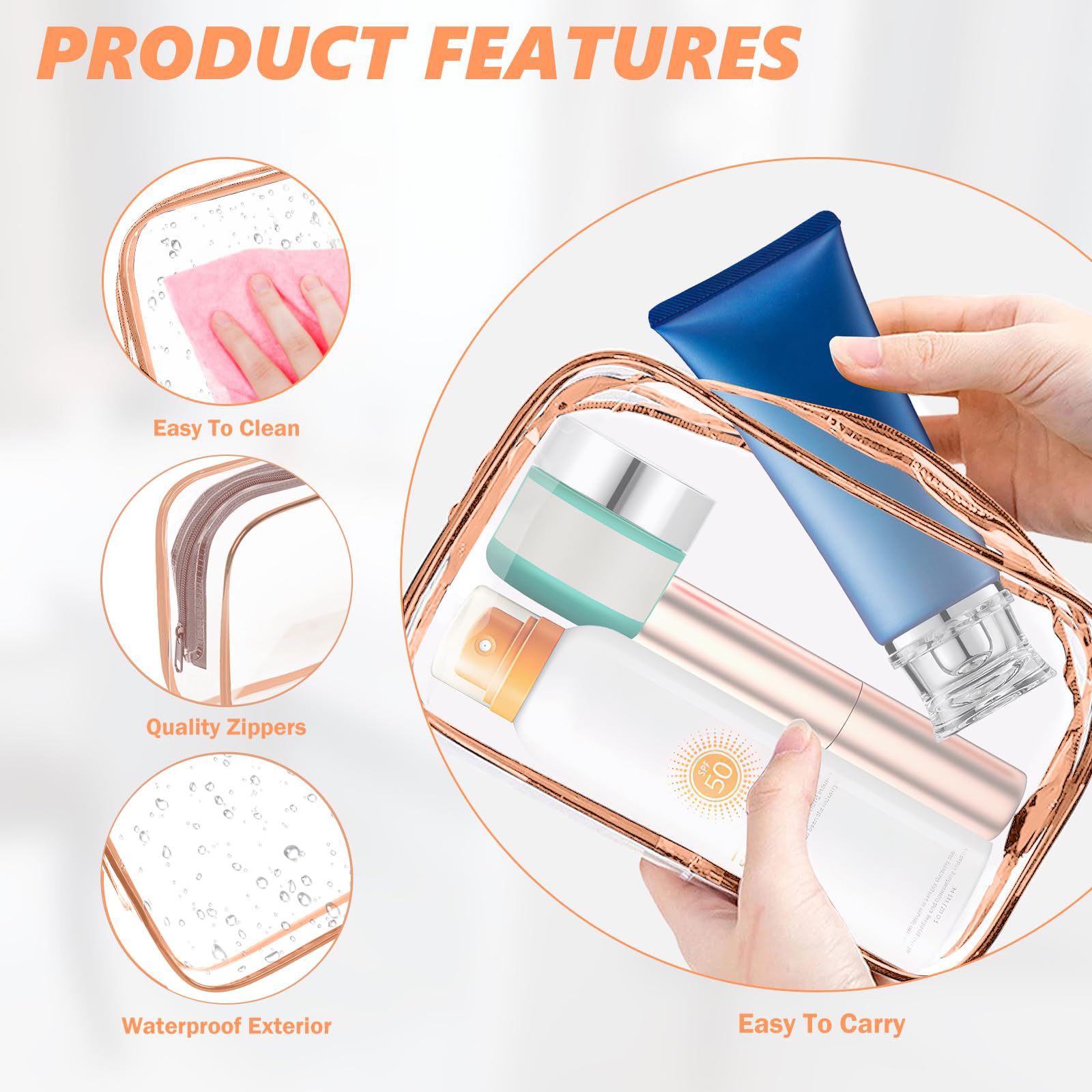 AURUZA Clear Makeup Bag,Portable Travel Toiletry Bags with Zipper, TSA Approved Clear Organizer Bags, PVC Cosmetic Pouch for Airport Airline Compliant