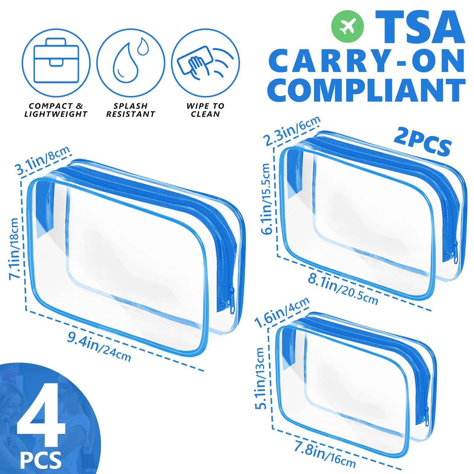 AURUZA Clear Makeup Bag,Portable Travel Toiletry Bags with Zipper, TSA Approved Clear Organizer Bags, PVC Cosmetic Pouch for Airport Airline Compliant