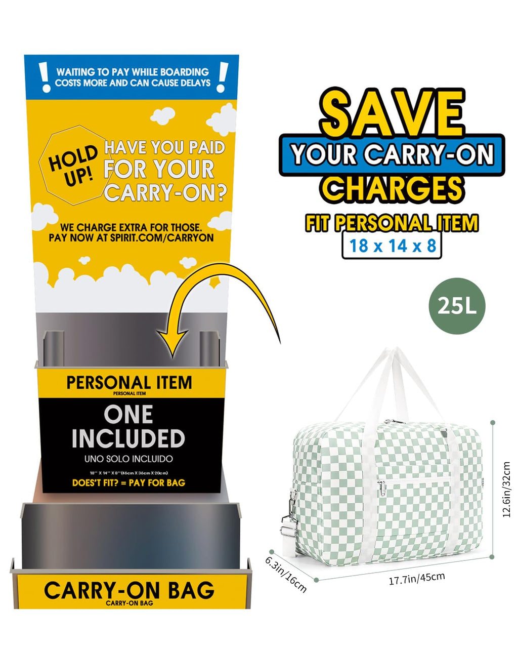 For Spirit Airlines Personal Item Bag Foldable Travel Duffel Bag Tote Carry on Luggage Duffle Overnight for Women and Men