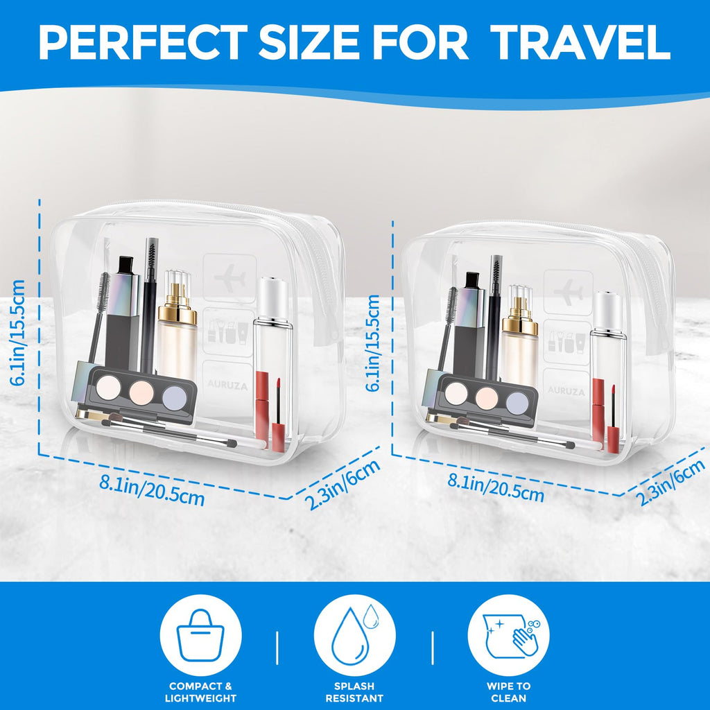 AURUZA Clear Makeup Bag,Portable Travel Toiletry Bags with Zipper, TSA Approved Clear Organizer Bags, PVC Cosmetic Pouch for Airport Airline Compliant