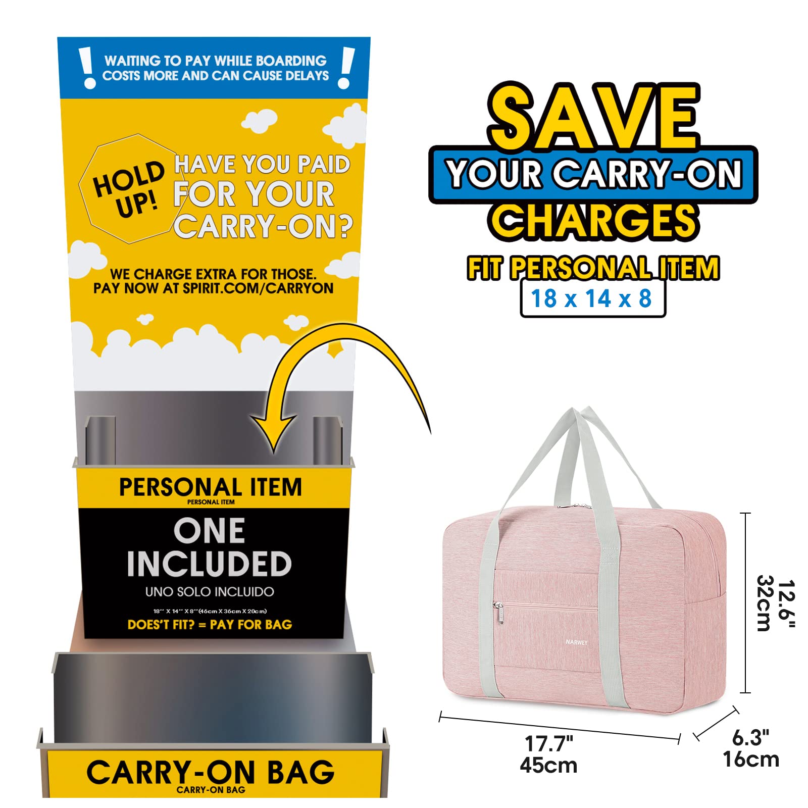 For Spirit Airlines Personal Item Bag Foldable Travel Duffel Bag Tote Carry on Luggage Duffle Overnight for Women and Men