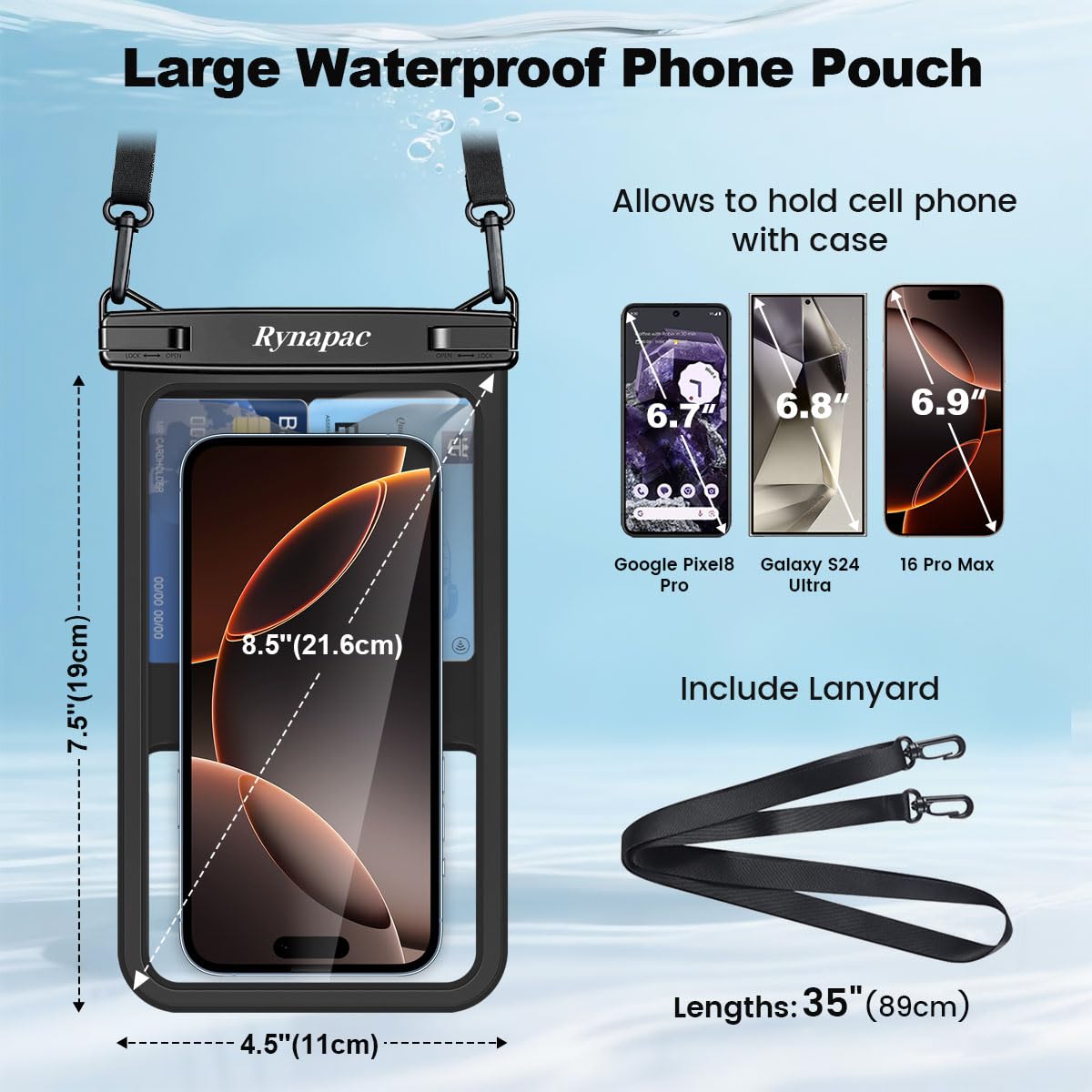 Rynapac Large Waterproof Phone Pouch [Up to 10"] - 2 Pack IPX8 Waterproof Phone Case for iPhone 17 16 15 Pro Max Galaxy S26 Ultra, Touchscreen & Underwater Photography, Beach Cruise Essentials 2026