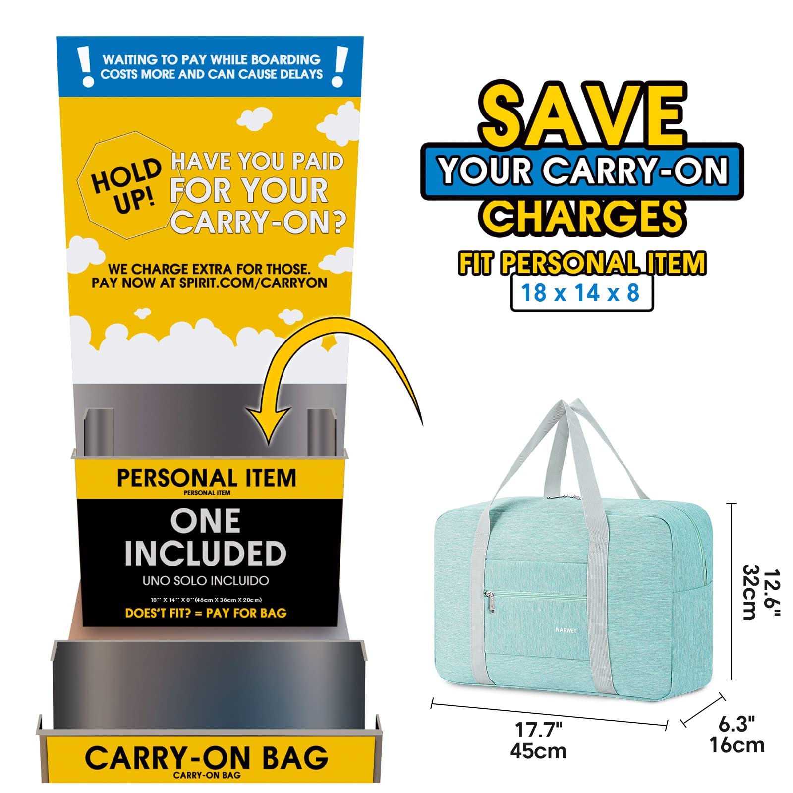 For Spirit Airlines Personal Item Bag Foldable Travel Duffel Bag Tote Carry on Luggage Duffle Overnight for Women and Men