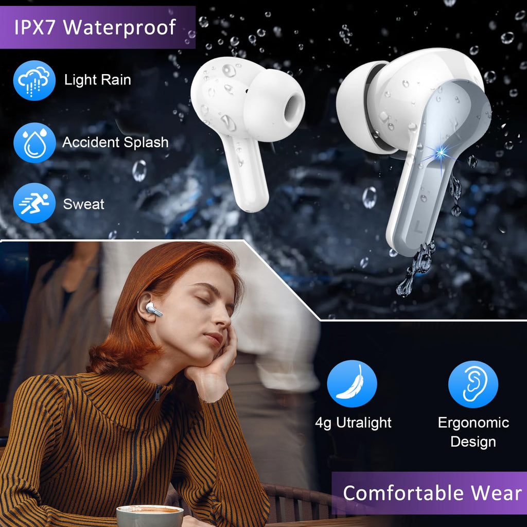 Wireless Earbuds, 48Hrs 2026 Bluetooth Headphones, Hi-Fi Stereo Deep Bass Ear Buds, ENC Noise Cancelling Mic, Clear Calls, IP-X7 Waterproof, USB Sport Earphones in Ear for Phones Laptop Pad, Black