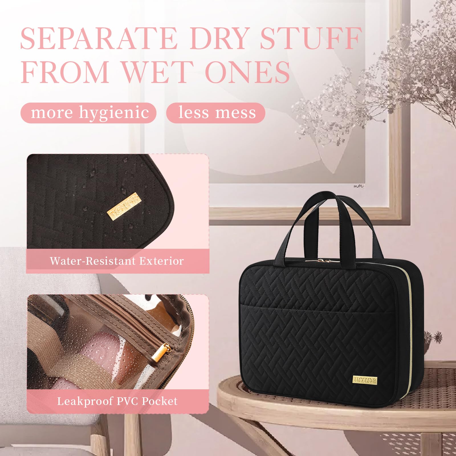 HOTOR Travel Toiletry Bag - Hanging Toiletry Bag for Women & Men, Makeup Bag/Big Comparment, Waterproof for Travel Accessories, Travel Essentials, Medium, Black