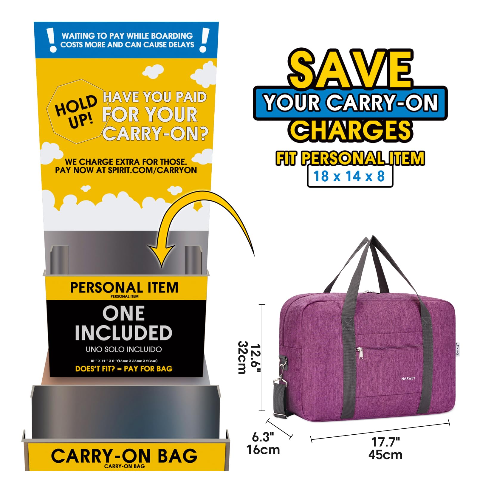 For Spirit Airlines Personal Item Bag Foldable Travel Duffel Bag Tote Carry on Luggage Duffle Overnight for Women and Men