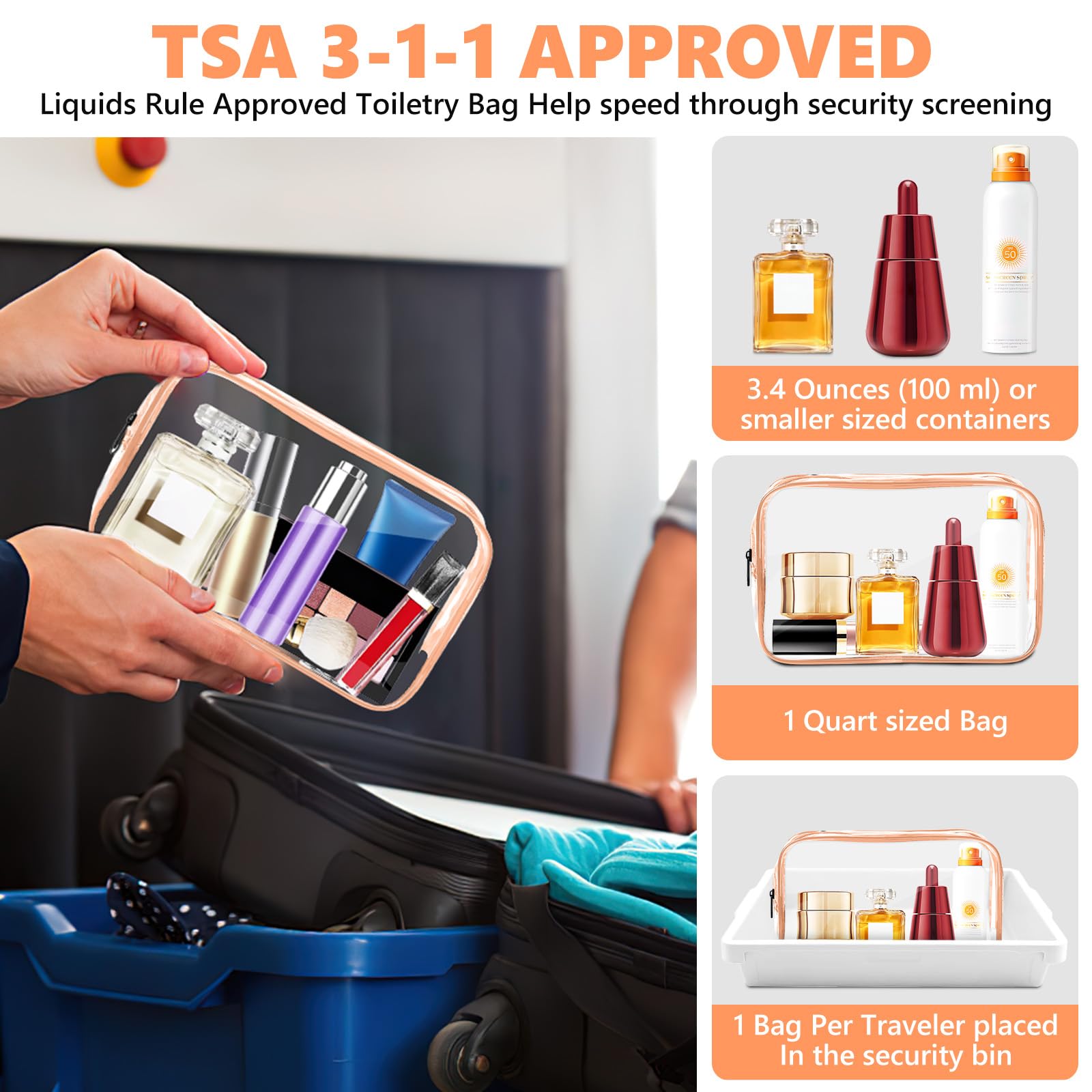 AURUZA Clear Makeup Bag,Portable Travel Toiletry Bags with Zipper, TSA Approved Clear Organizer Bags, PVC Cosmetic Pouch for Airport Airline Compliant