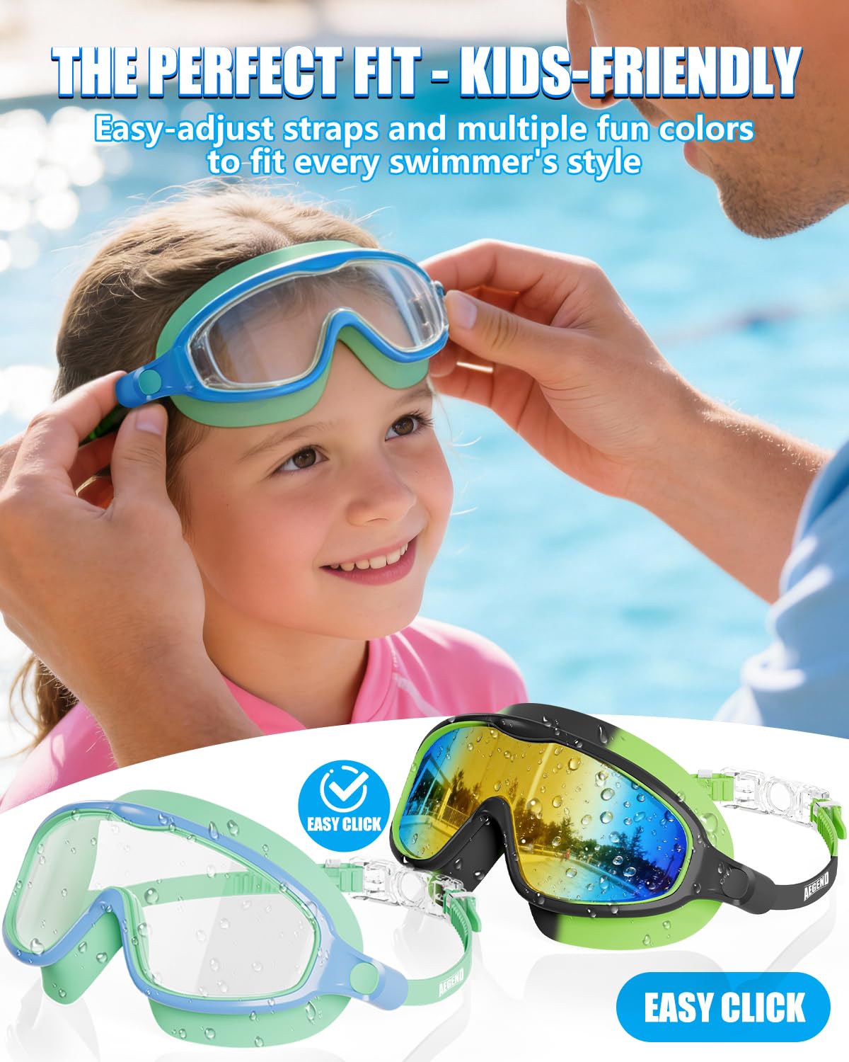 Aegend Swim Goggles for Kids Youth 3-14 - 2 Pack Wide Frame Anti-Fog Anti-UV Clear Vision Goggles for Swimming