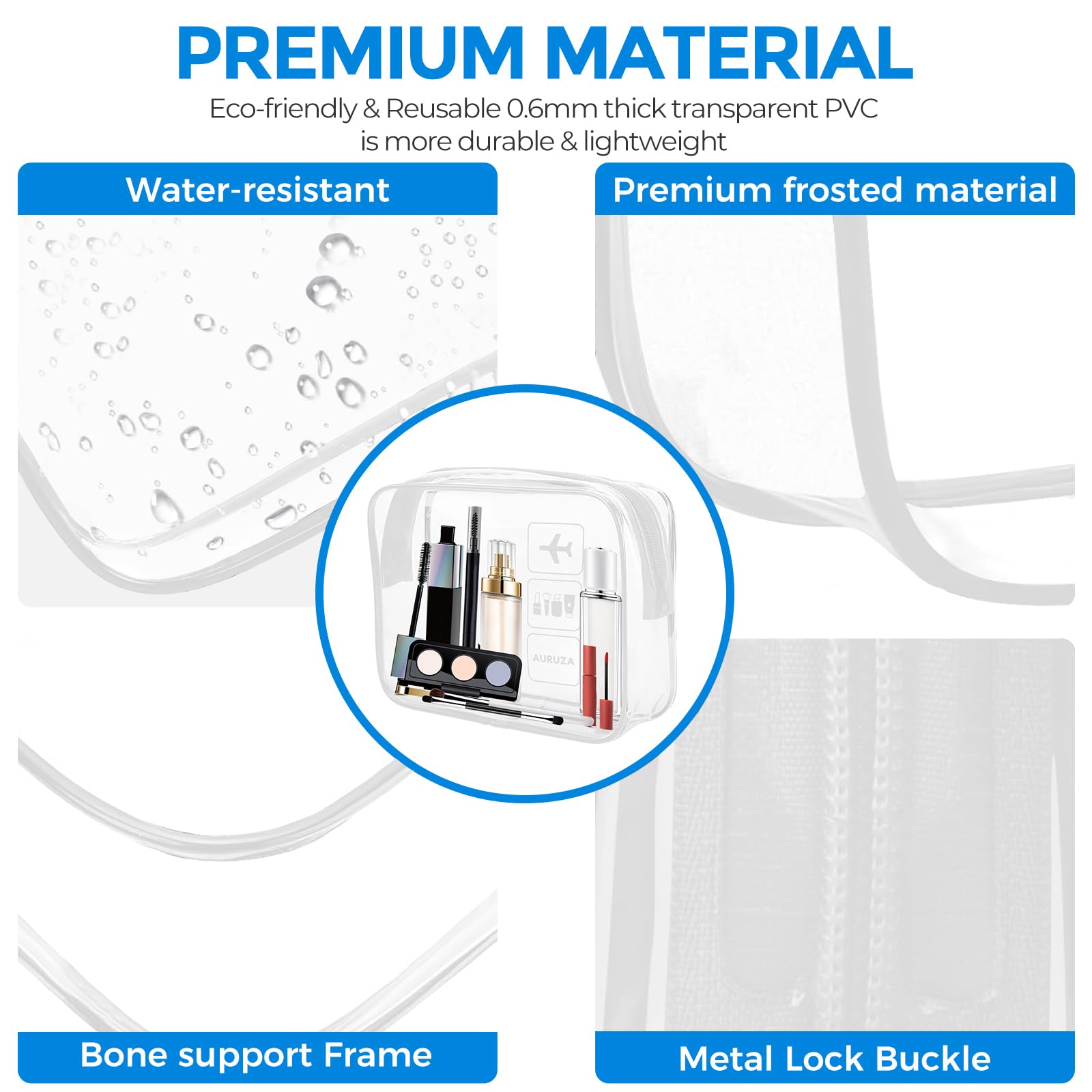 AURUZA Clear Makeup Bag,Portable Travel Toiletry Bags with Zipper, TSA Approved Clear Organizer Bags, PVC Cosmetic Pouch for Airport Airline Compliant