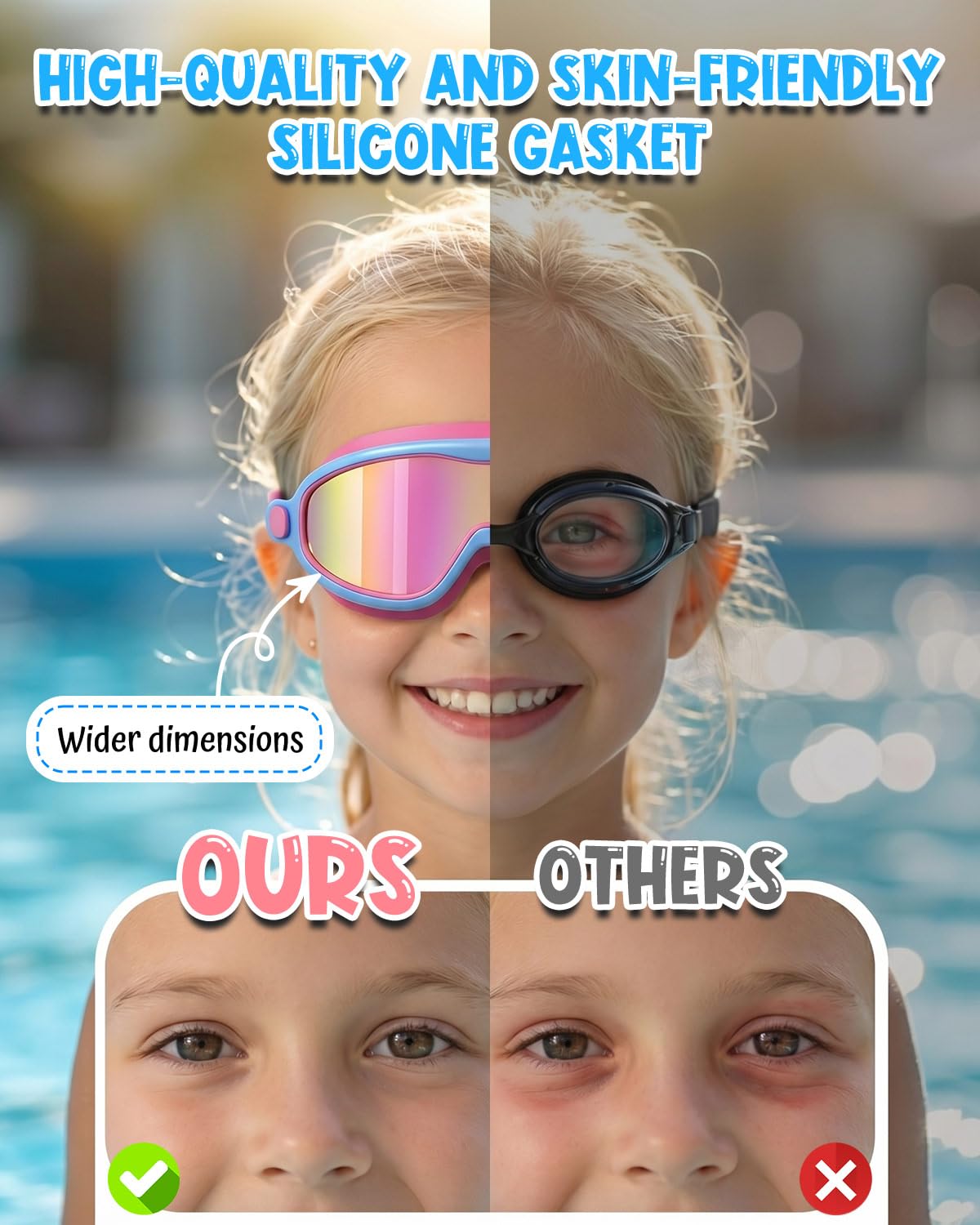 Swim Goggles 2 Pack, Wide View Anti Fog&UV Swimming Goggles for Audlt, No Leaking Swim Glasses for Men Women Kids