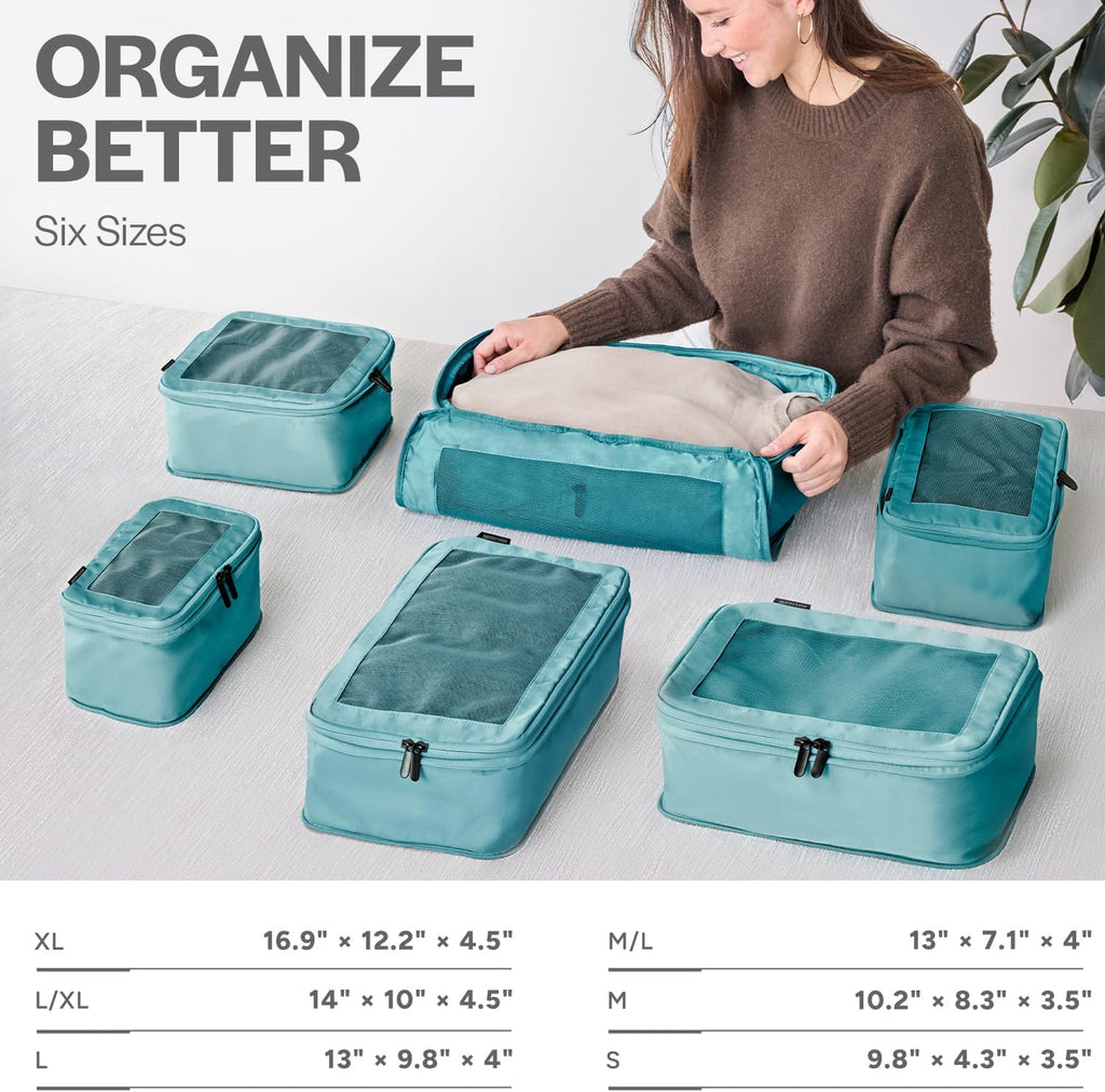 Aerotrunk Compression Packing Cubes for Travel - Luggage Organizer Bags - Double Zipper Packing Cubes for Suitcases (6-Pack, Dark Blue)