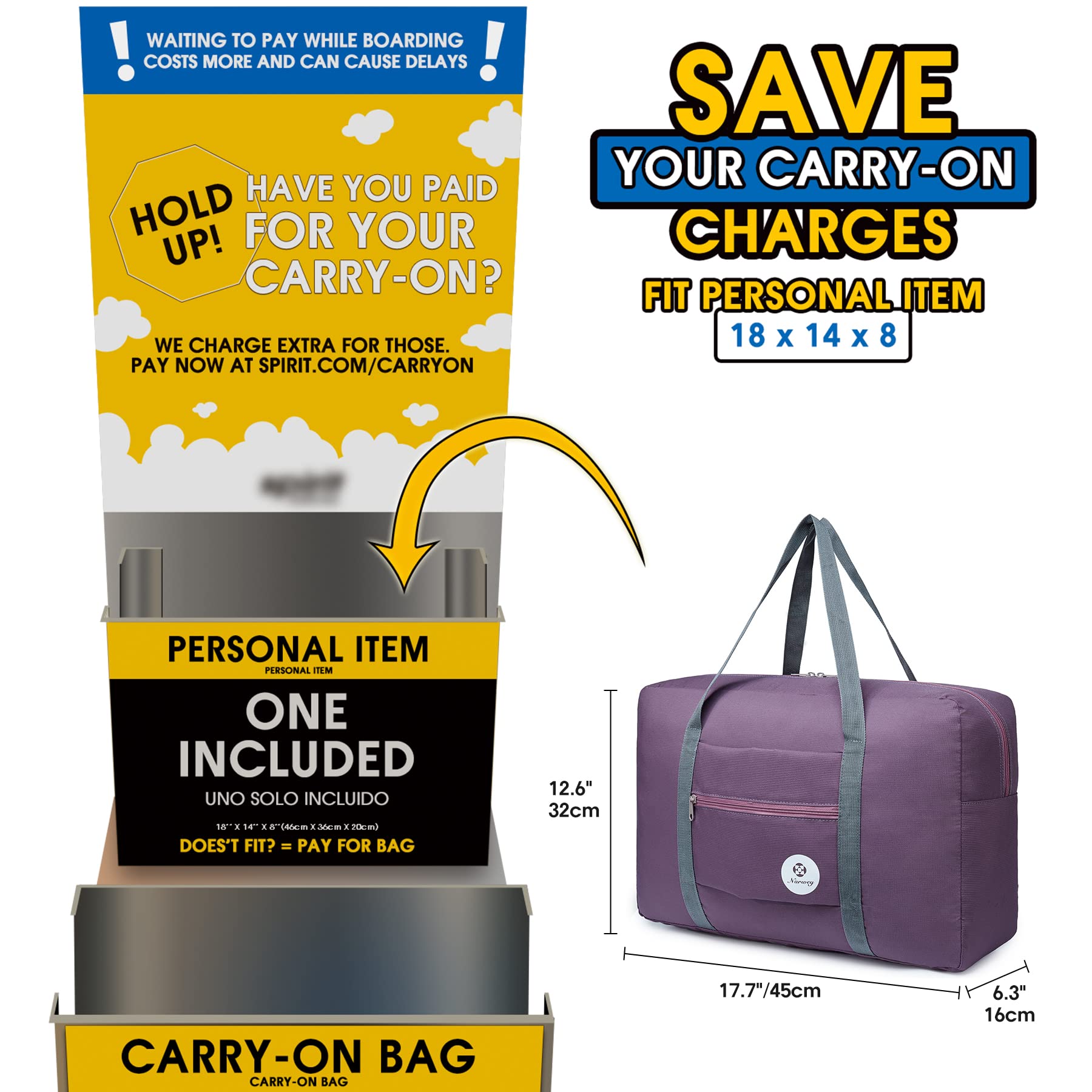 For Spirit Airlines Personal Item Bag Foldable Travel Duffel Bag Tote Carry on Luggage Duffle Overnight for Women and Men