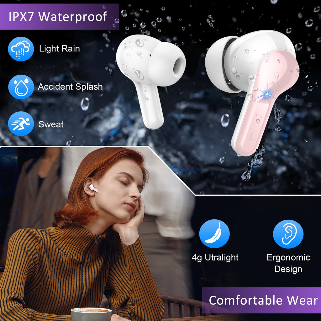 Wireless Earbuds, 48Hrs 2026 Bluetooth Headphones, Hi-Fi Stereo Deep Bass Ear Buds, ENC Noise Cancelling Mic, Clear Calls, IP-X7 Waterproof, USB Sport Earphones in Ear for Phones Laptop Pad, Black