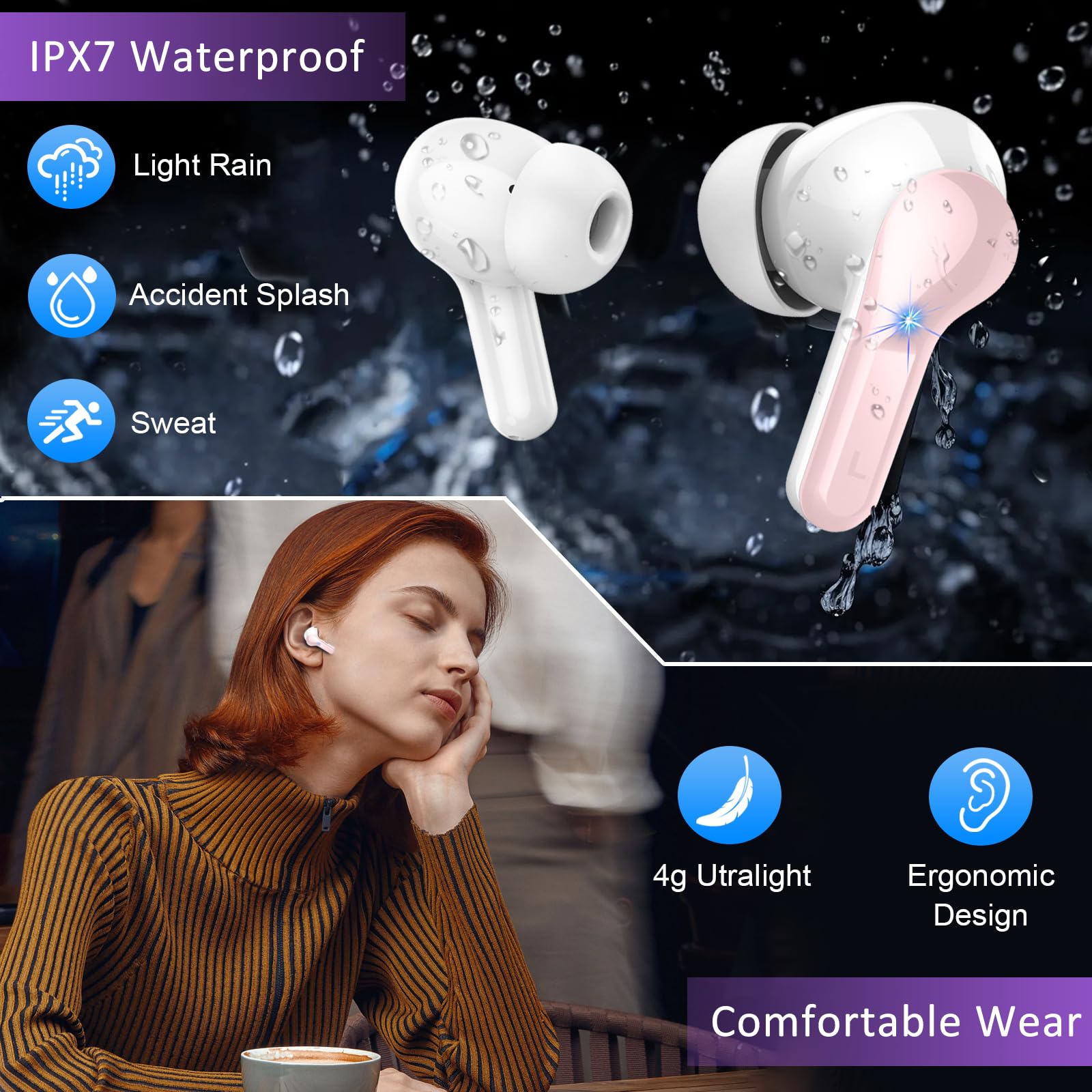 Wireless Earbuds, 48Hrs 2026 Bluetooth Headphones, Hi-Fi Stereo Deep Bass Ear Buds, ENC Noise Cancelling Mic, Clear Calls, IP-X7 Waterproof, USB Sport Earphones in Ear for Phones Laptop Pad, Black