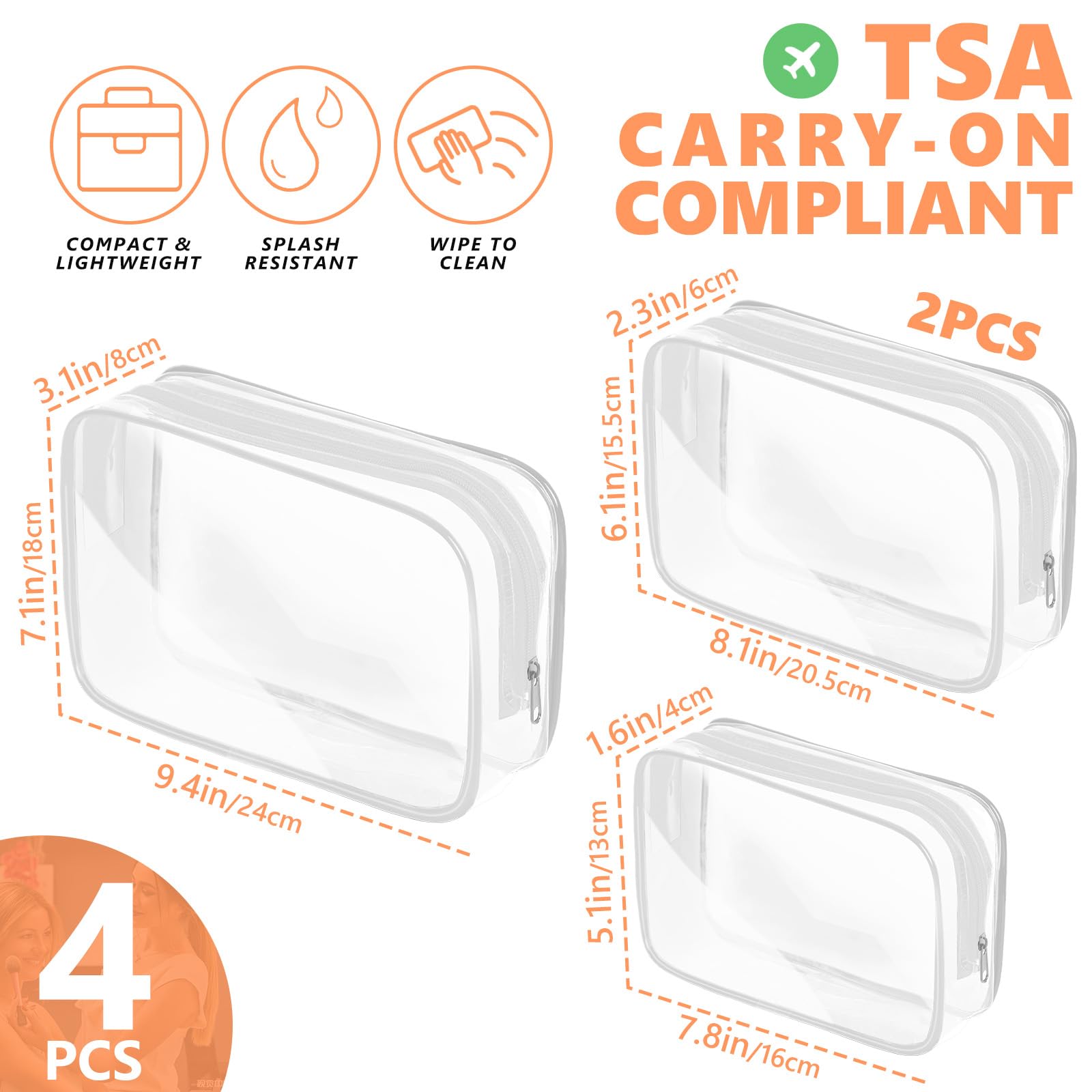 AURUZA Clear Makeup Bag,Portable Travel Toiletry Bags with Zipper, TSA Approved Clear Organizer Bags, PVC Cosmetic Pouch for Airport Airline Compliant