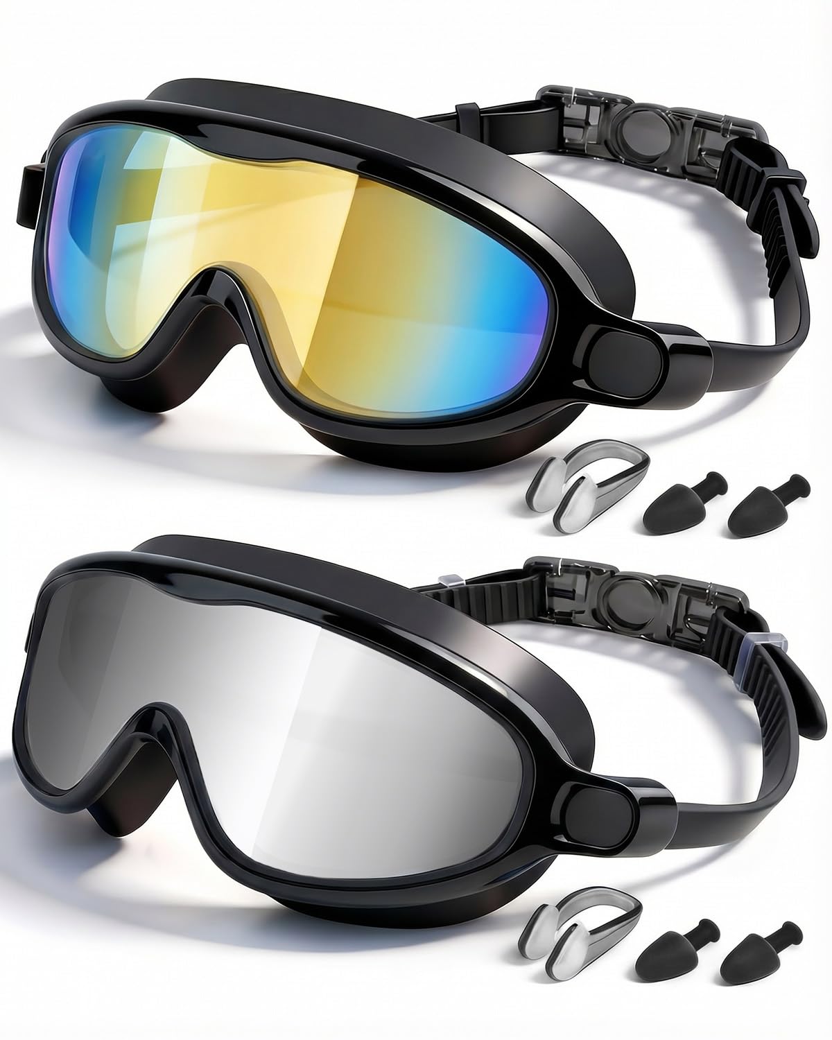 Swim Goggles 2 Pack, Wide View Anti Fog&UV Swimming Goggles for Audlt, No Leaking Swim Glasses for Men Women Kids