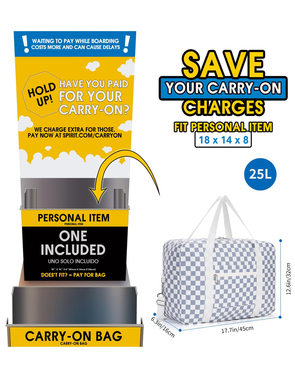 For Spirit Airlines Personal Item Bag Foldable Travel Duffel Bag Tote Carry on Luggage Duffle Overnight for Women and Men