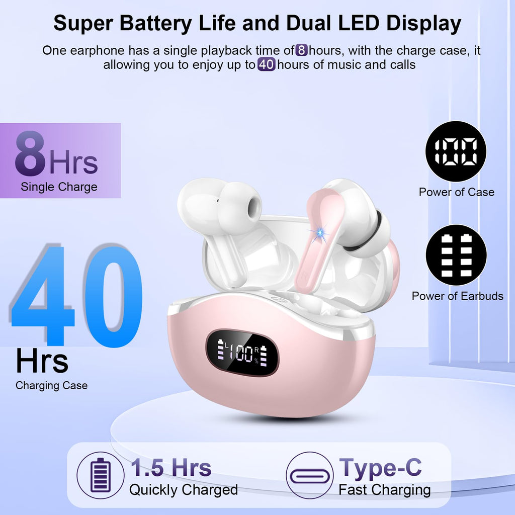 Wireless Earbuds, 48Hrs 2026 Bluetooth Headphones, Hi-Fi Stereo Deep Bass Ear Buds, ENC Noise Cancelling Mic, Clear Calls, IP-X7 Waterproof, USB Sport Earphones in Ear for Phones Laptop Pad, Black