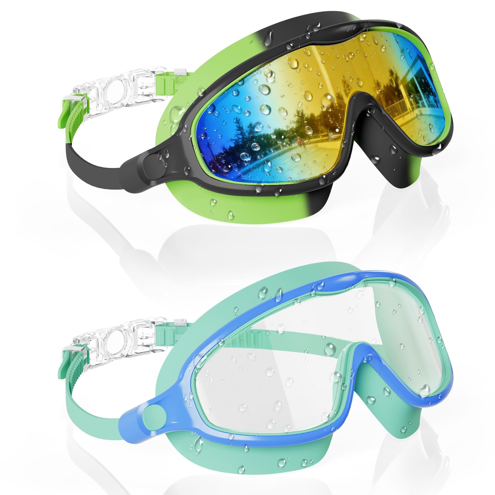 Aegend Swim Goggles for Kids Youth 3-14 - 2 Pack Wide Frame Anti-Fog Anti-UV Clear Vision Goggles for Swimming