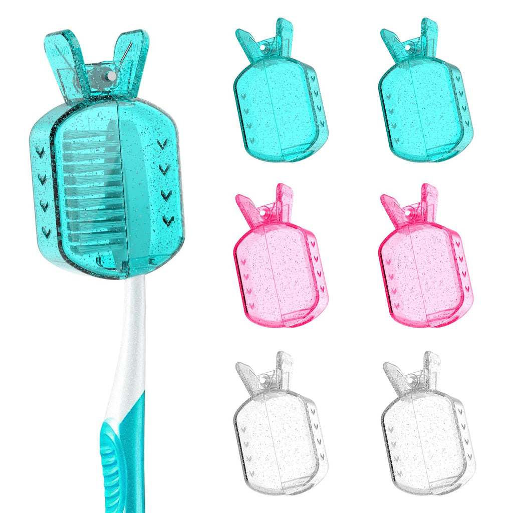 Frekare Toothbrush Covers Caps, Clip-On Toothbrush Protector for Household Travel, Brush Head Pod Case Fits Most Manual and Electric Toothbrushes, 6 Count (Transparent without Glitter)