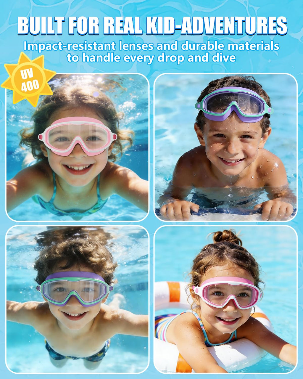 Aegend Swim Goggles for Kids Youth 3-14 - 2 Pack Wide Frame Anti-Fog Anti-UV Clear Vision Goggles for Swimming