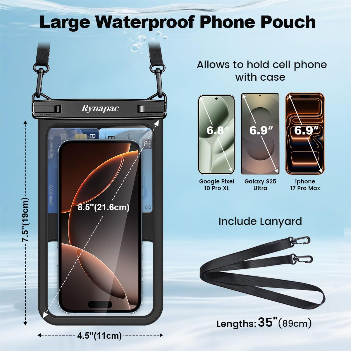 Rynapac Large Waterproof Phone Pouch [Up to 10"] - 2 Pack IPX8 Waterproof Phone Case for iPhone 17 16 15 Pro Max Galaxy S26 Ultra, Touchscreen & Underwater Photography, Beach Cruise Essentials 2026