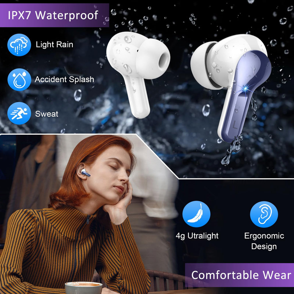 Wireless Earbuds, 48Hrs 2026 Bluetooth Headphones, Hi-Fi Stereo Deep Bass Ear Buds, ENC Noise Cancelling Mic, Clear Calls, IP-X7 Waterproof, USB Sport Earphones in Ear for Phones Laptop Pad, Black