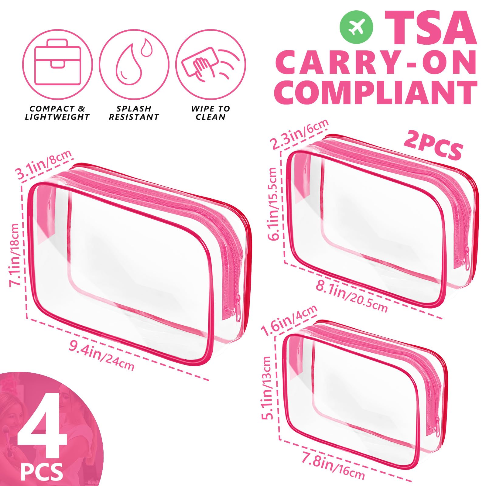 AURUZA Clear Makeup Bag,Portable Travel Toiletry Bags with Zipper, TSA Approved Clear Organizer Bags, PVC Cosmetic Pouch for Airport Airline Compliant