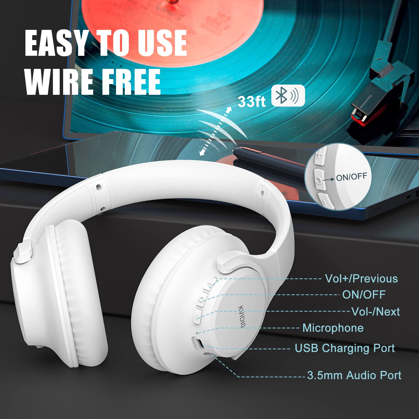 KVIDIO Bluetooth Headphones Over Ear, 65 Hours Playtime Wireless Headphones with Microphone, Foldable Lightweight Headset with Deep Bass, HiFi Stereo Sound Low Latency for Travel Work Cellphone