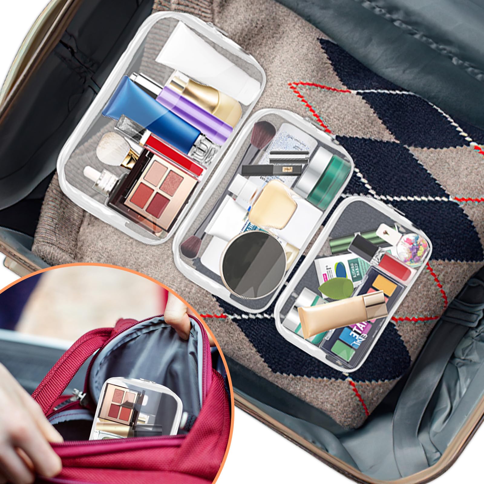 AURUZA Clear Makeup Bag,Portable Travel Toiletry Bags with Zipper, TSA Approved Clear Organizer Bags, PVC Cosmetic Pouch for Airport Airline Compliant