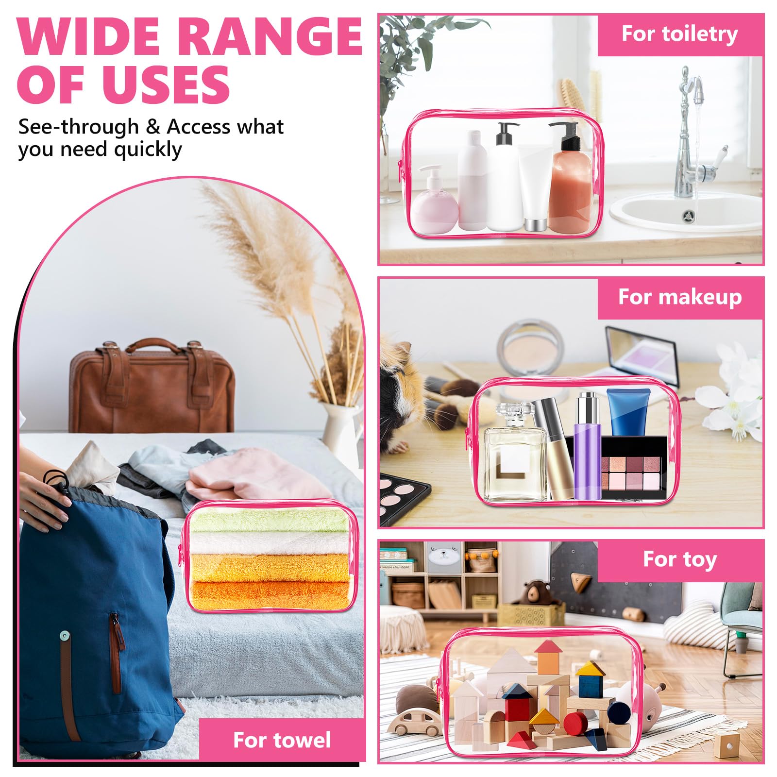AURUZA Clear Makeup Bag,Portable Travel Toiletry Bags with Zipper, TSA Approved Clear Organizer Bags, PVC Cosmetic Pouch for Airport Airline Compliant