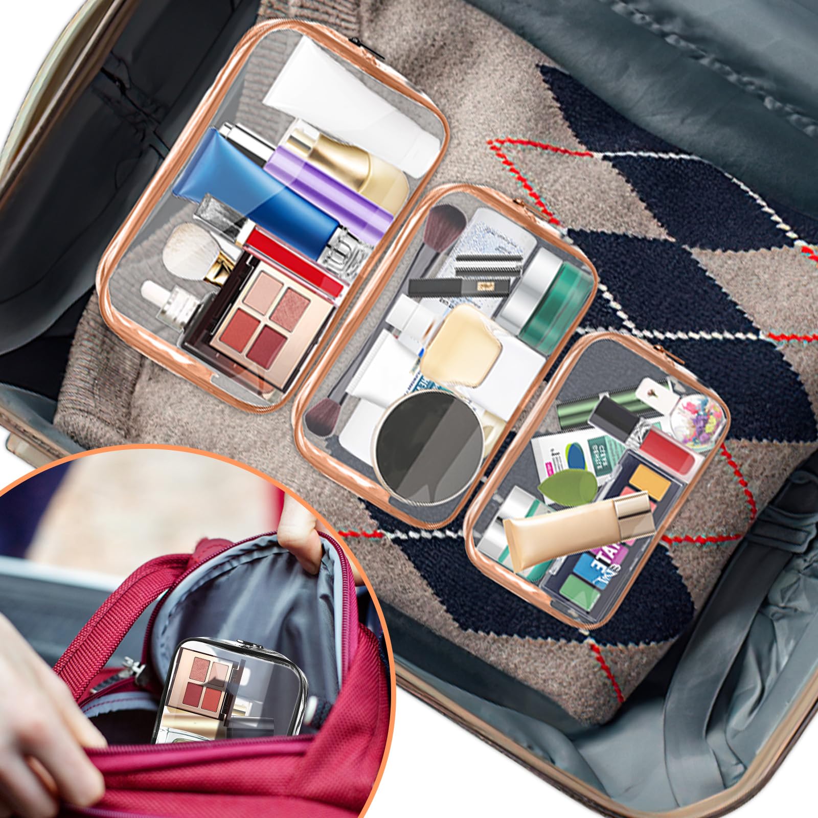 AURUZA Clear Makeup Bag,Portable Travel Toiletry Bags with Zipper, TSA Approved Clear Organizer Bags, PVC Cosmetic Pouch for Airport Airline Compliant